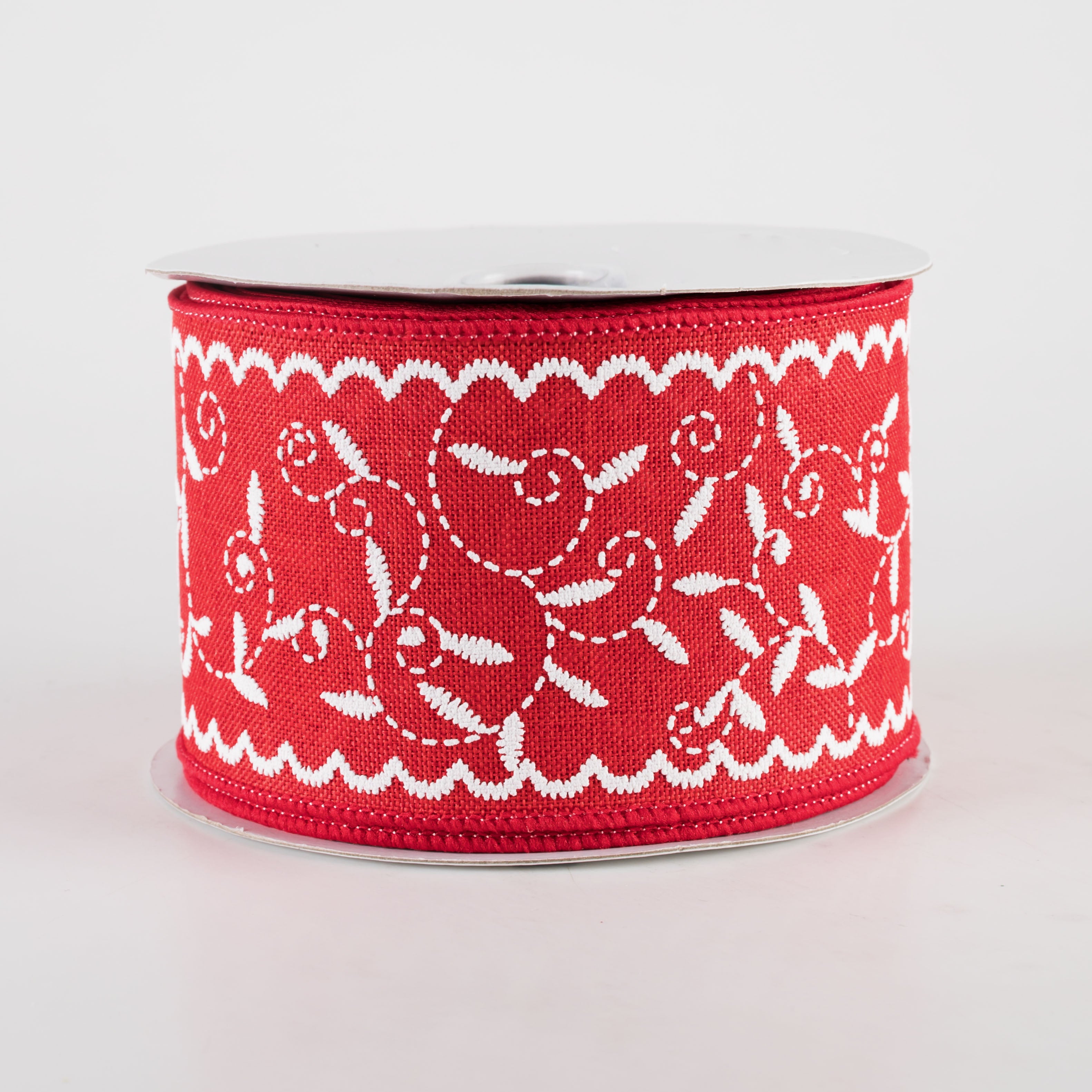 2.5" Stitch Mini Leaf Ribbon: Red & White (10 Yards)