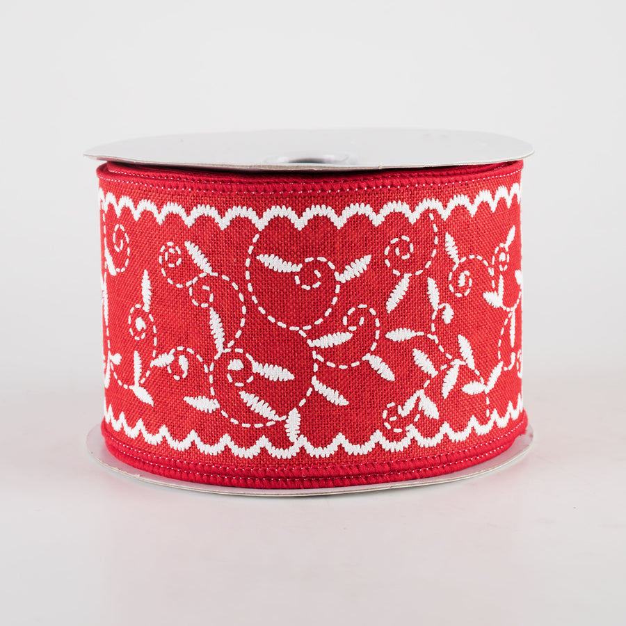 2.5" Stitch Mini Leaf Ribbon: Red & White (10 Yards)