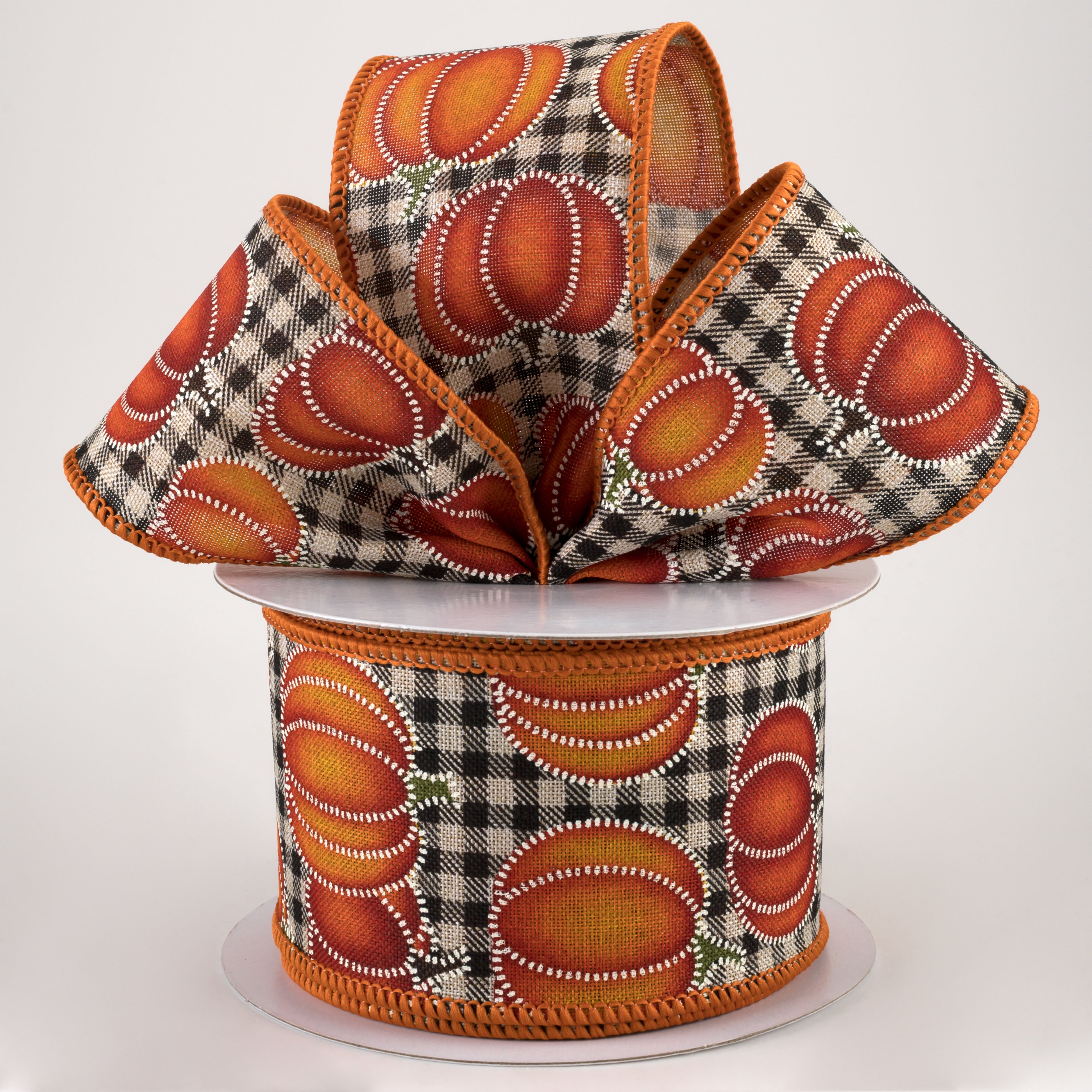 2.5" Stitch Pumpkin On Cotton Gingham Ribbon: Light Natural & Black (10 Yards) Lifestyle Photo