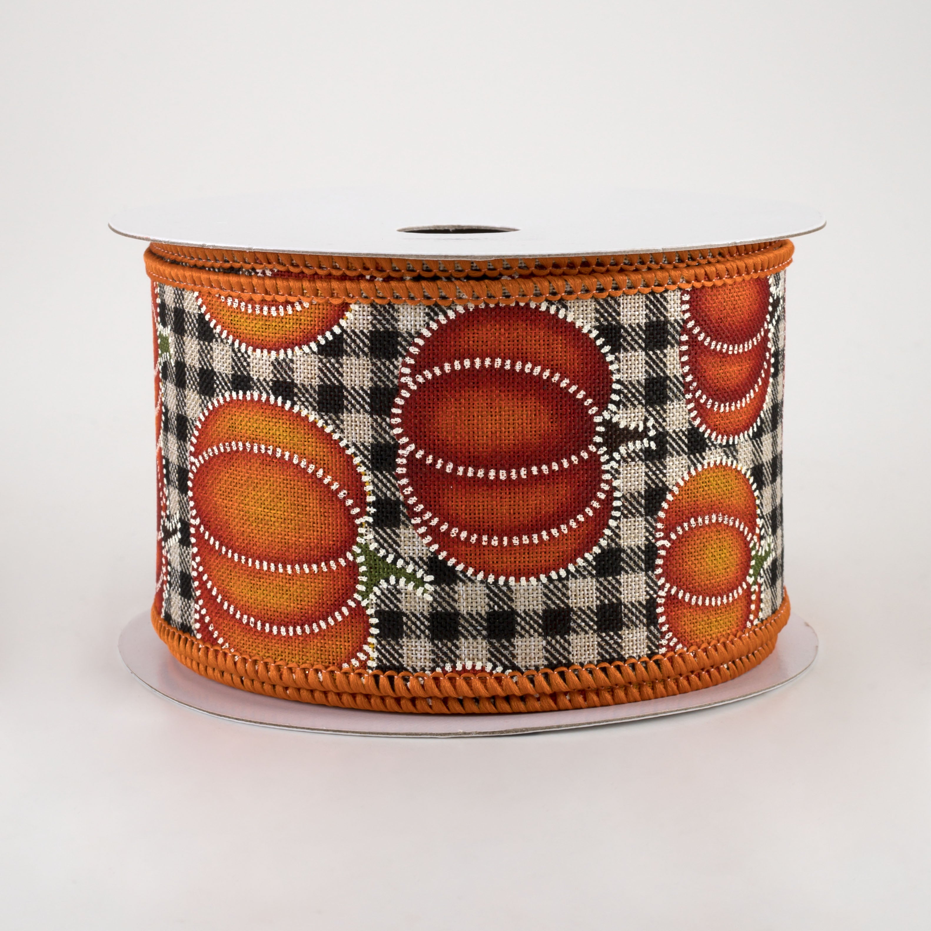 2.5" Stitch Pumpkin On Cotton Gingham Ribbon: Light Natural & Black (10 Yards)