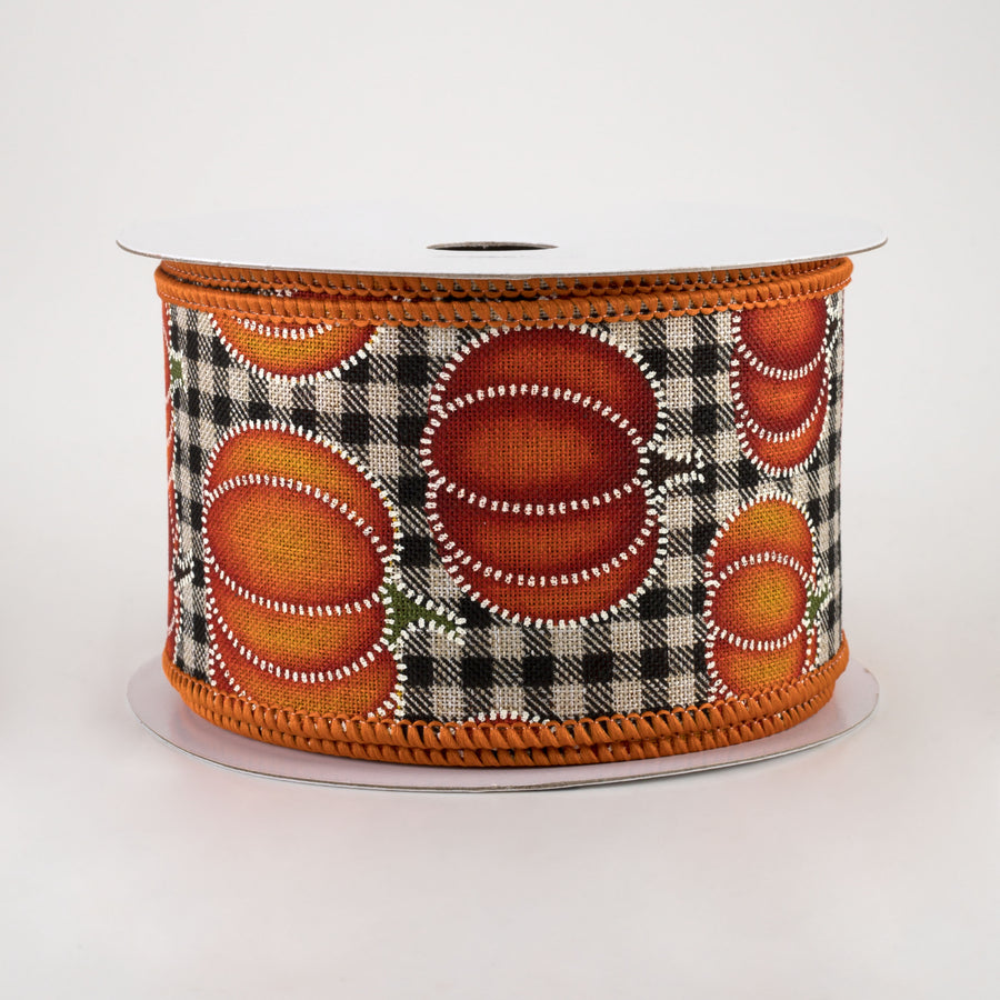 2.5" Stitch Pumpkin On Cotton Gingham Ribbon: Light Natural & Black (10 Yards)