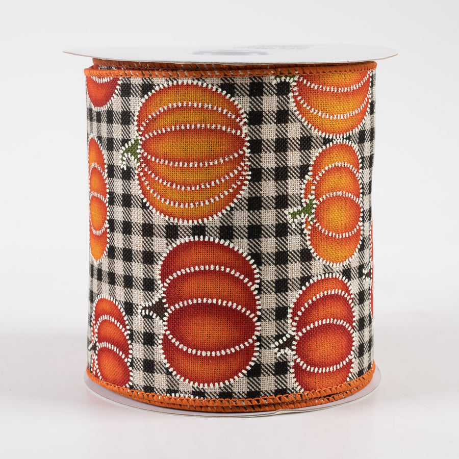 4" Stitch Pumpkin On Cotton Gingham Ribbon (10 Yards)