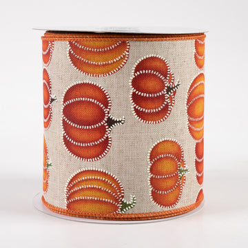 4" Linen Edge Pumpkins & Sunflowers Ribbon: Natural (10 Yards)