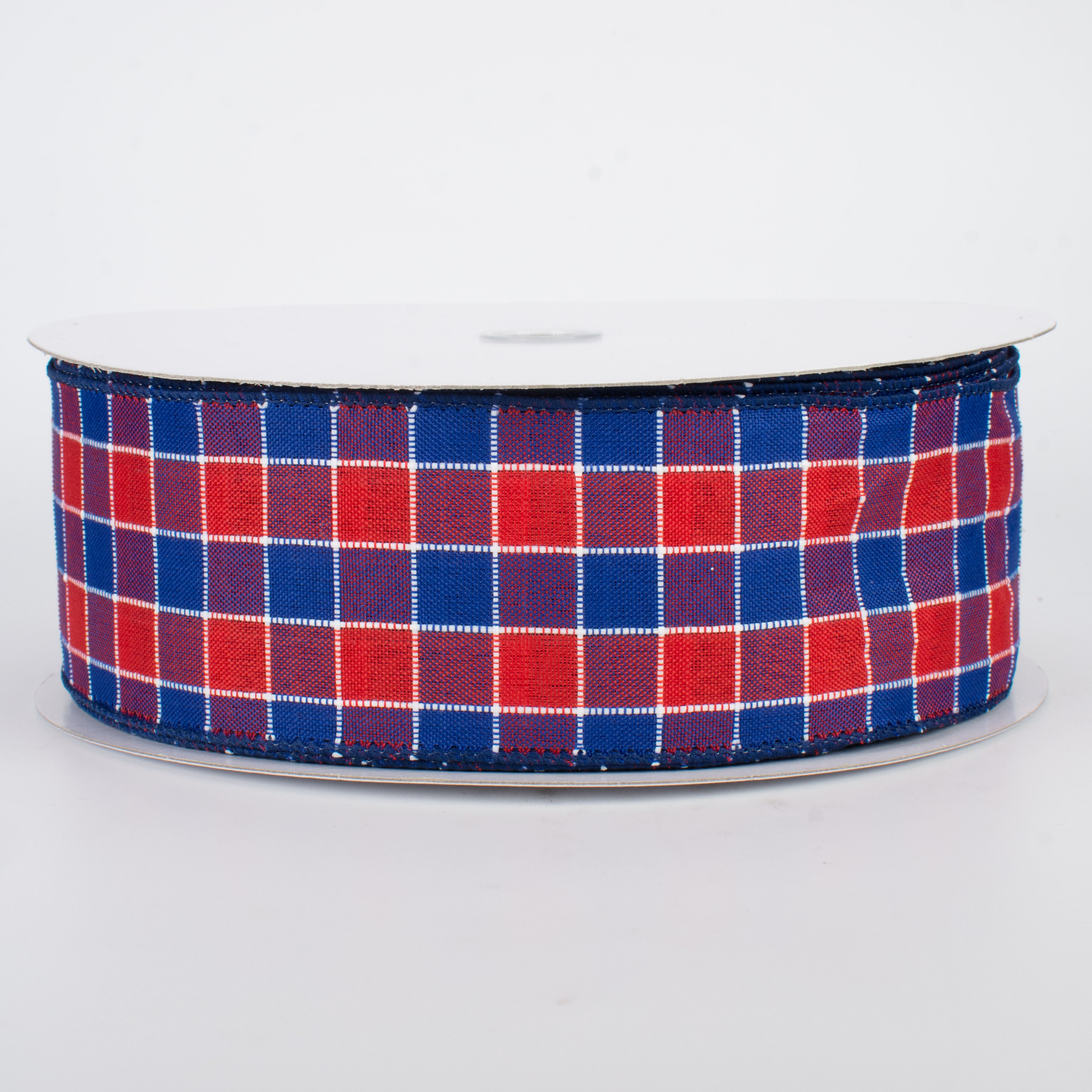 2.5" Stitched Check Ribbon: Red & Blue (50 Yards)