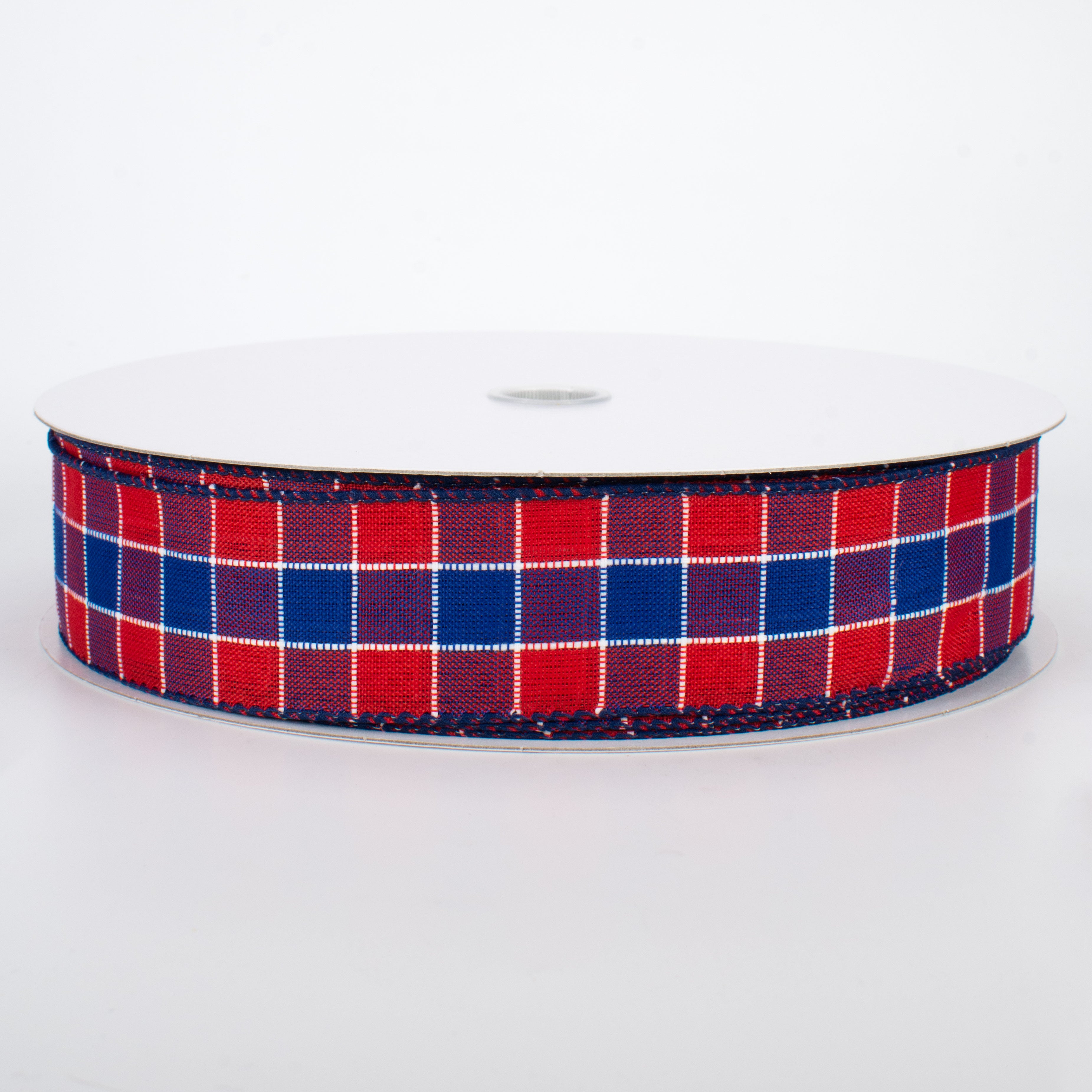 1.5" Stitched Check Ribbon: Red & Blue (50 Yards)