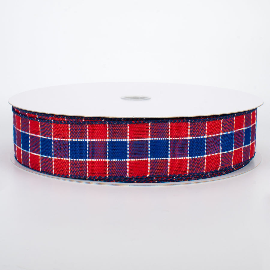 1.5" Stitched Check Ribbon: Red & Blue (50 Yards)