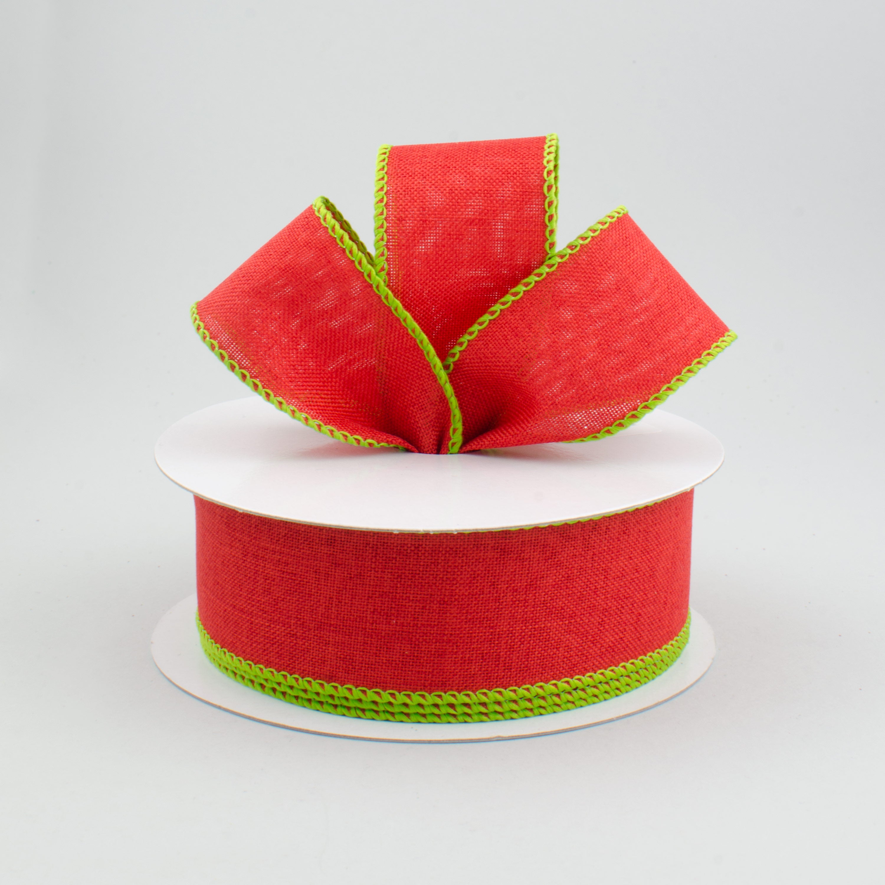 1.5" Stitched Edge Ribbon: Red & Lime Green (10 Yards) Lifestyle Photo