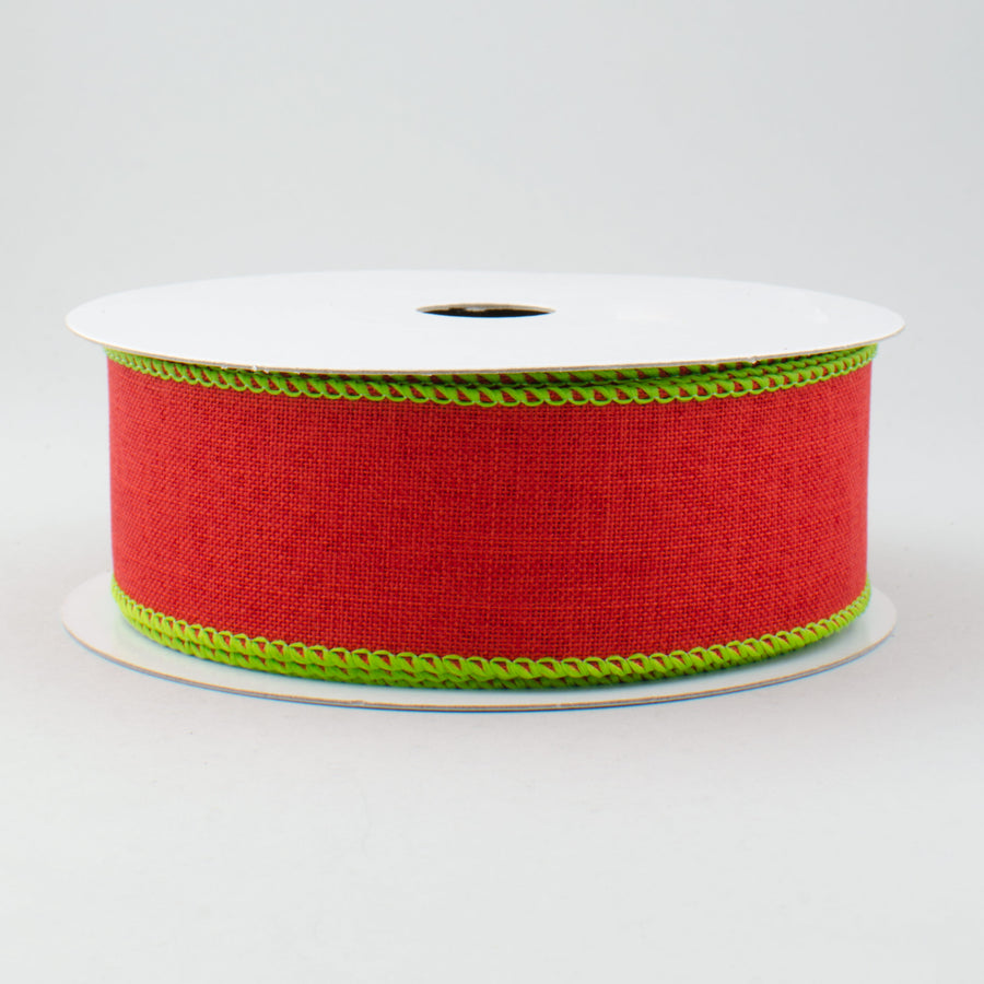 1.5" Stitched Edge Ribbon: Red & Lime Green (10 Yards)