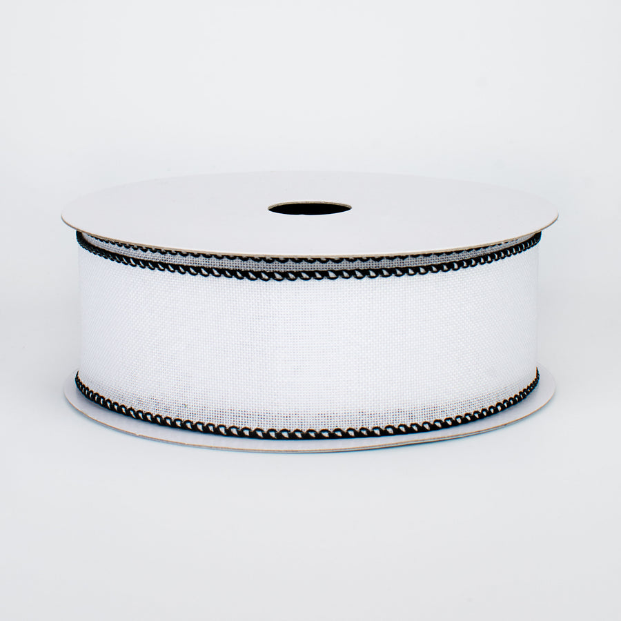 1.5" Stitched Edge Ribbon: White & Black (10 Yards)