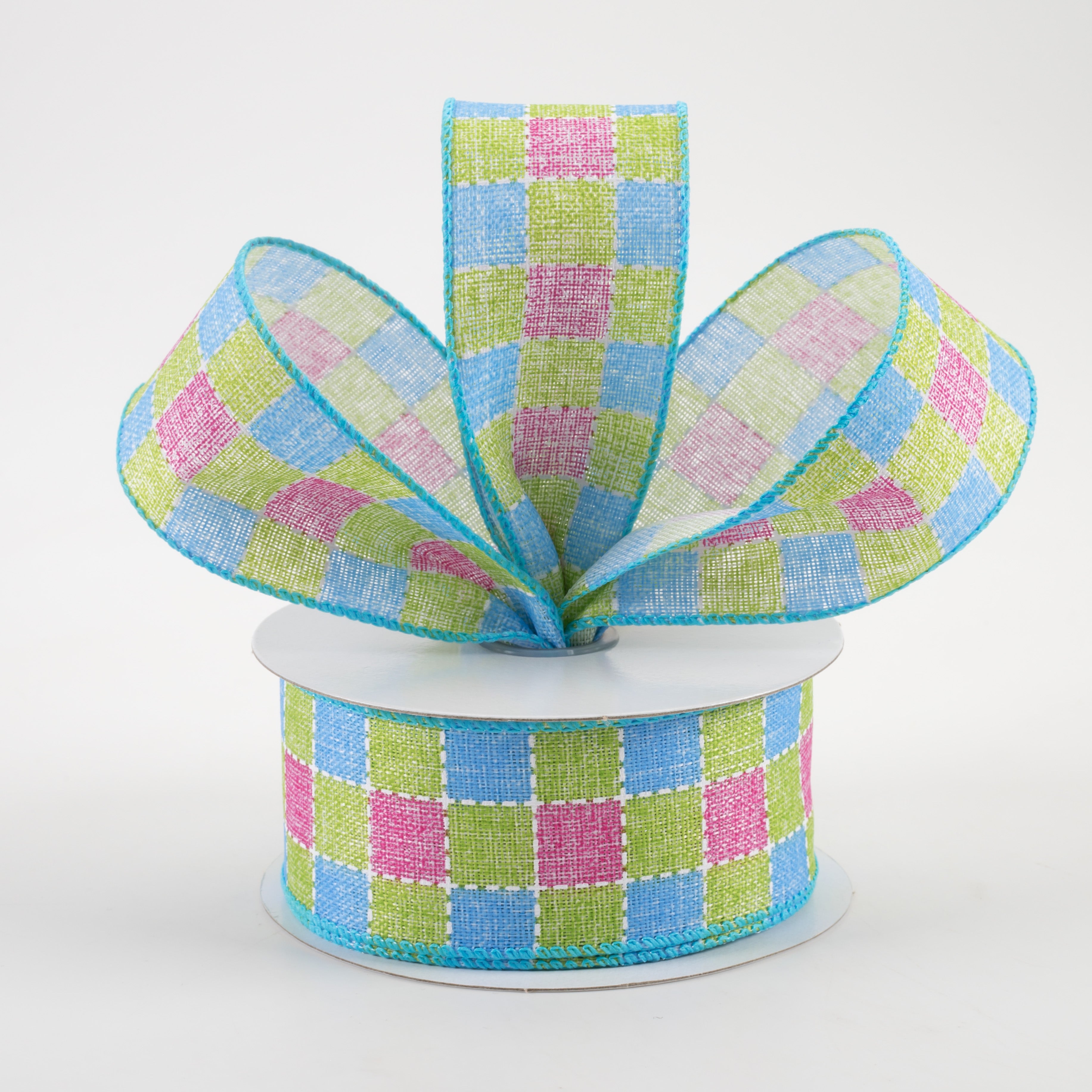 1.5" Stitched Square Plaid Linen Ribbon: Blue, Pink, Green (10 Yards) Lifestyle Photo