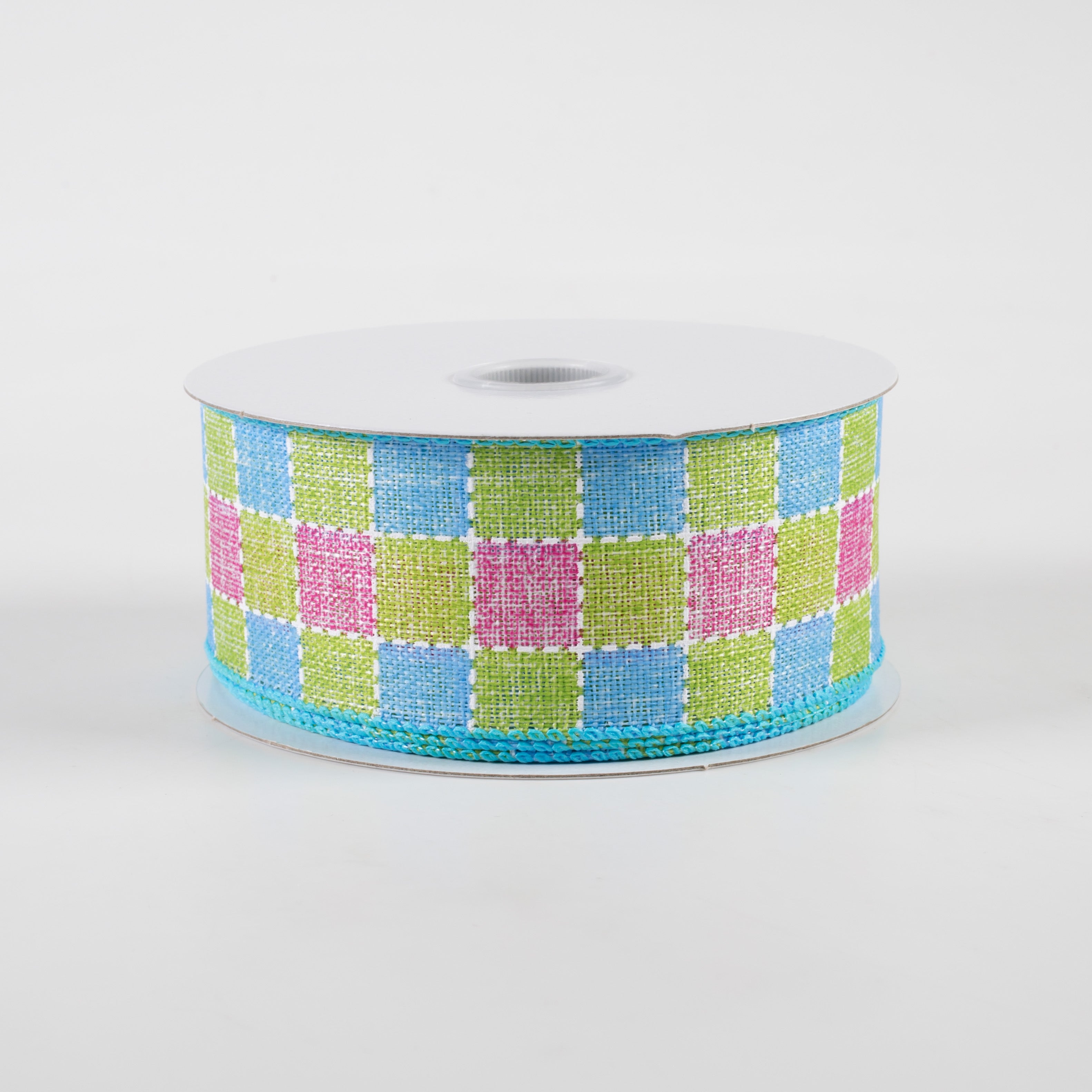 1.5" Stitched Square Plaid Linen Ribbon: Blue, Pink, Green (10 Yards)