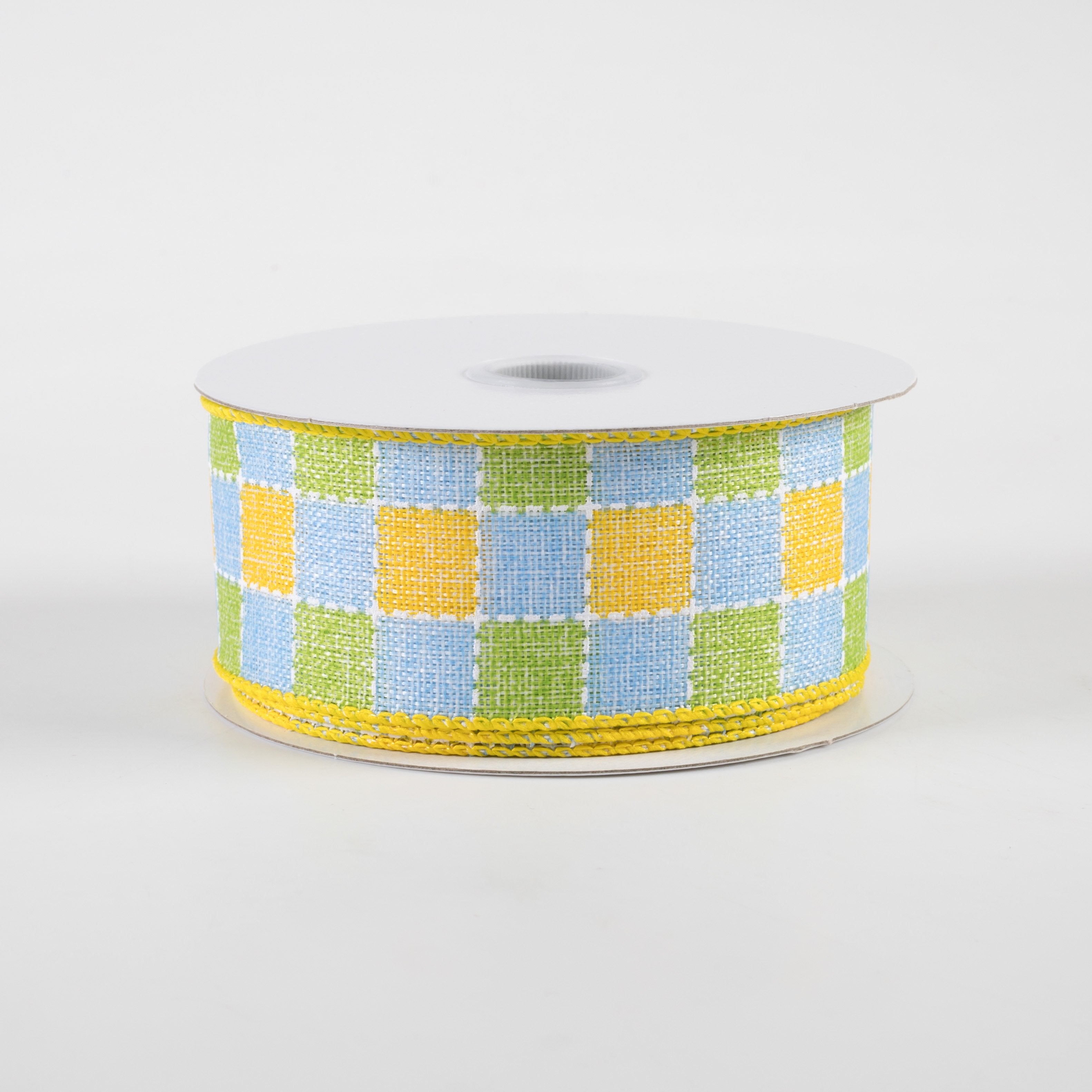 1.5" Stitched Square Plaid Linen Ribbon: Yellow, Blue, Green (10 Yards) Item Number: 41327-09-04
