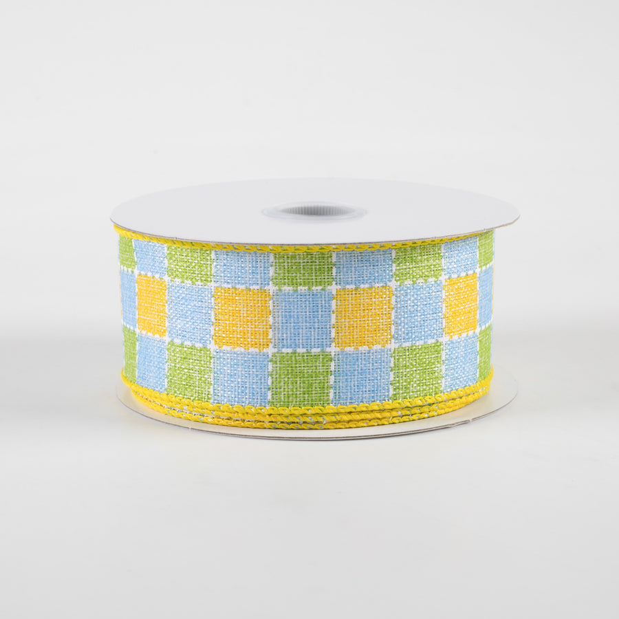 1.5" Stitched Square Plaid Linen Ribbon: Yellow, Blue, Green (10 Yards) Item Number: 41327-09-04