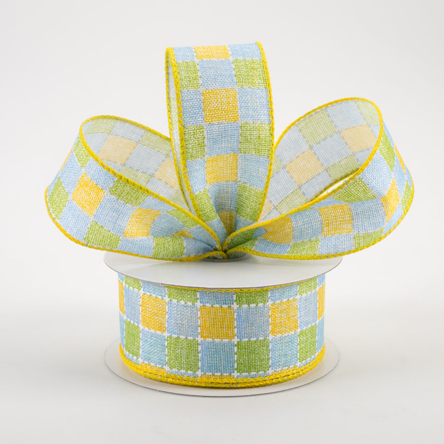 1.5" Stitched Square Plaid Linen Ribbon: Yellow, Blue, Green (10 Yards) Lifestyle Photo