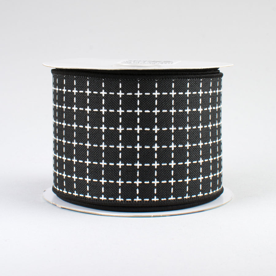 2.5" Stitched Squares Ribbon: Black & White (10 Yards)