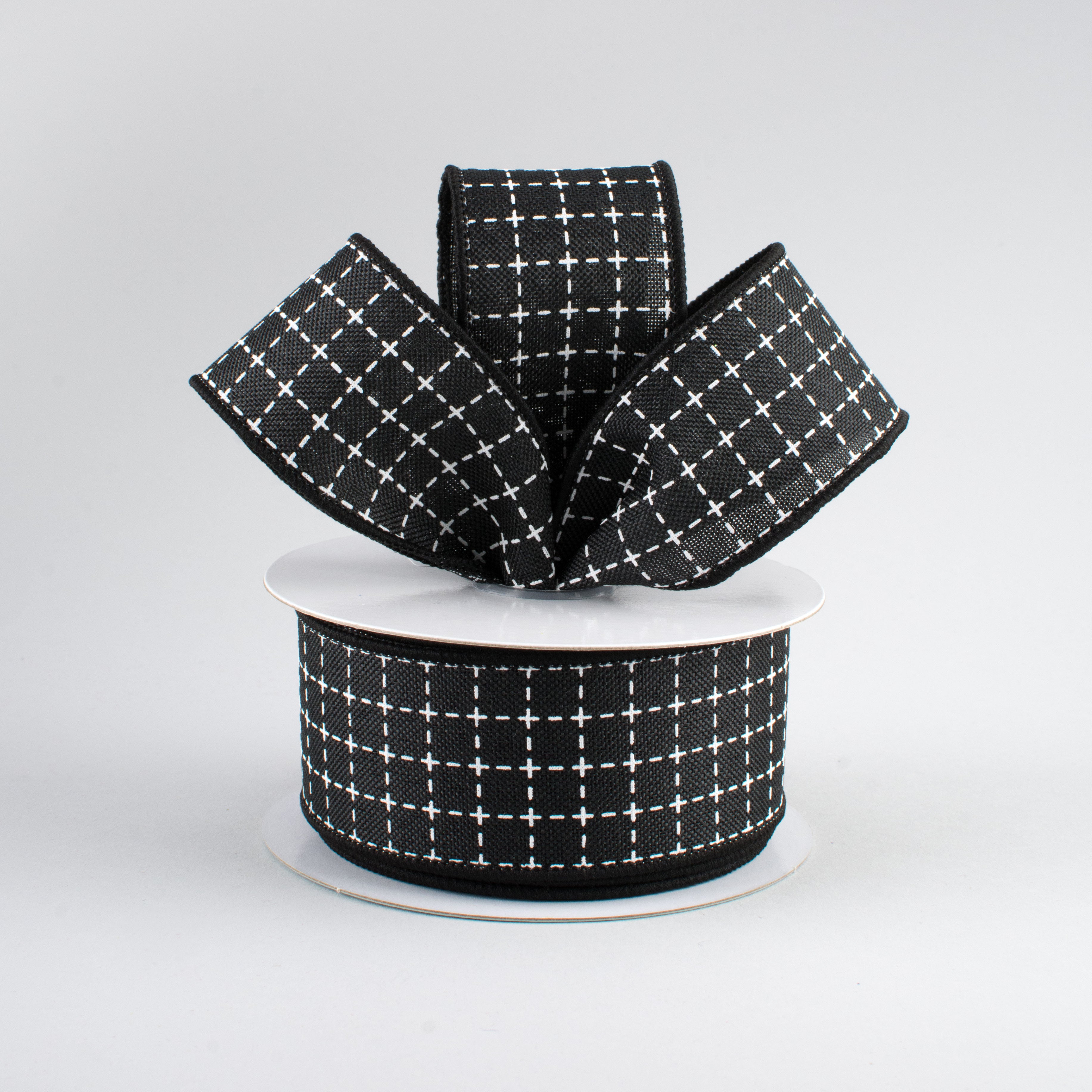 1.5" Stitched Squares Ribbon: Black & White (10 Yards) Lifestyle Photo
