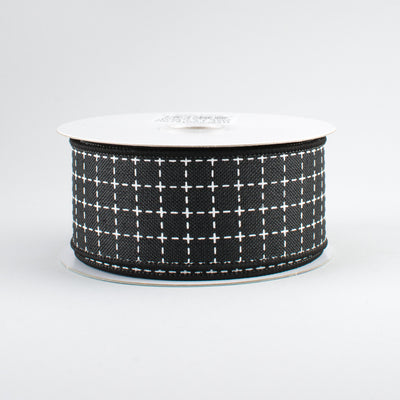 1.5" Stitched Squares Ribbon: Black & White (10 Yards)
