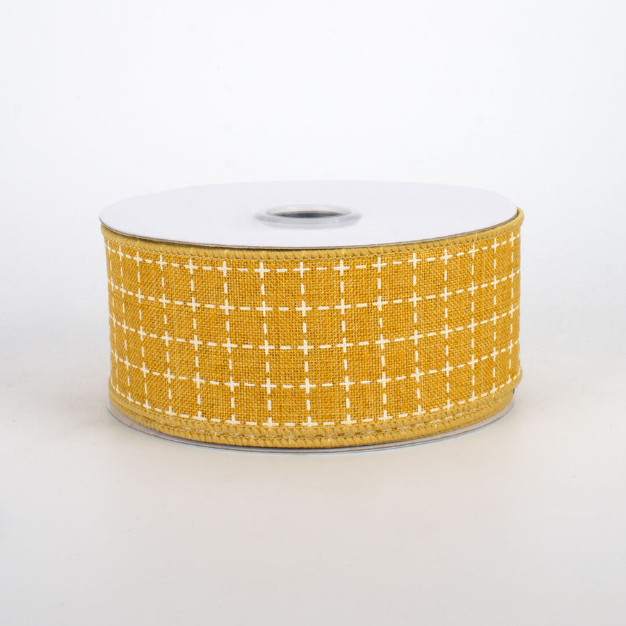 1.5" Stitched Squares Ribbon: Dark Mustard & Cream (10 Yards)