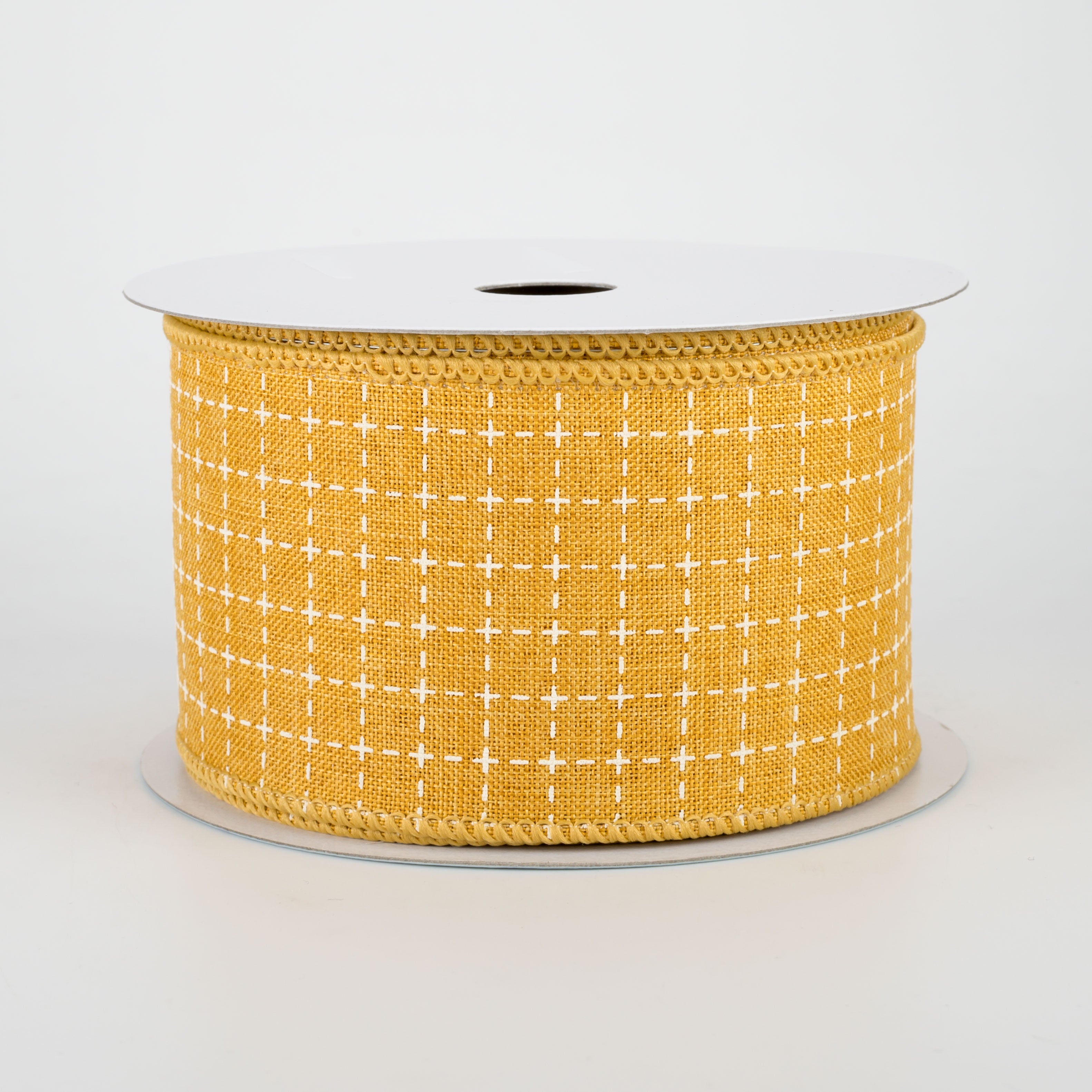2.5" Stitched Squares Ribbon: Dark Mustard & Cream (10 Yards)