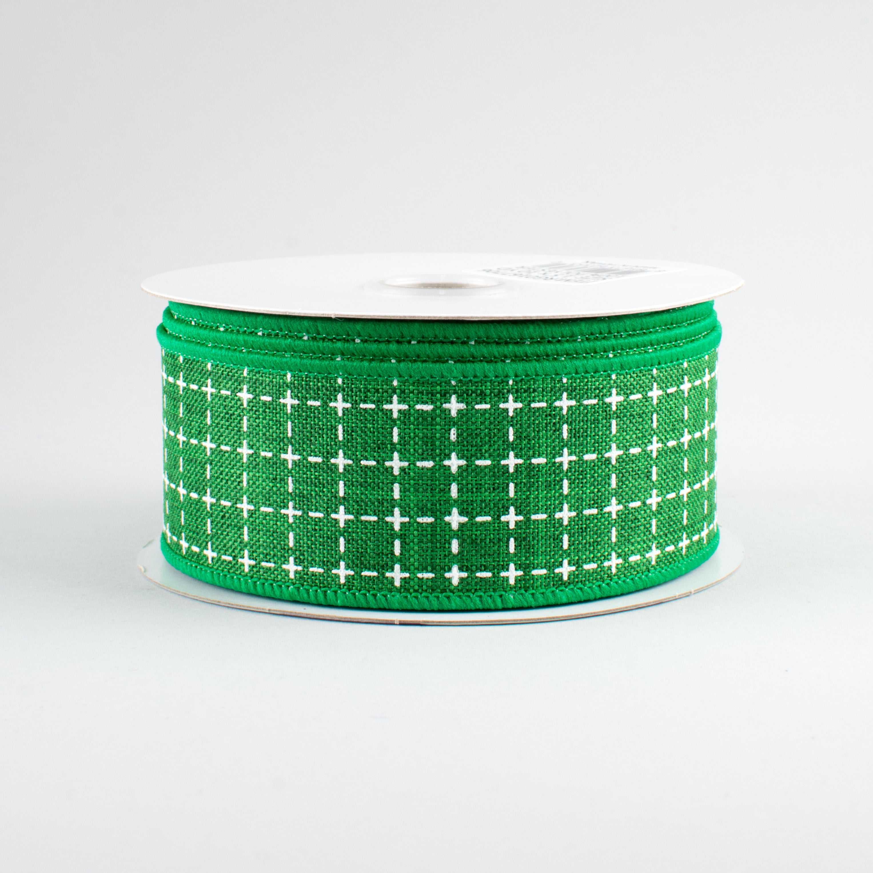 1.5" Stitched Squares Ribbon: Emerald & White (10 Yards)
