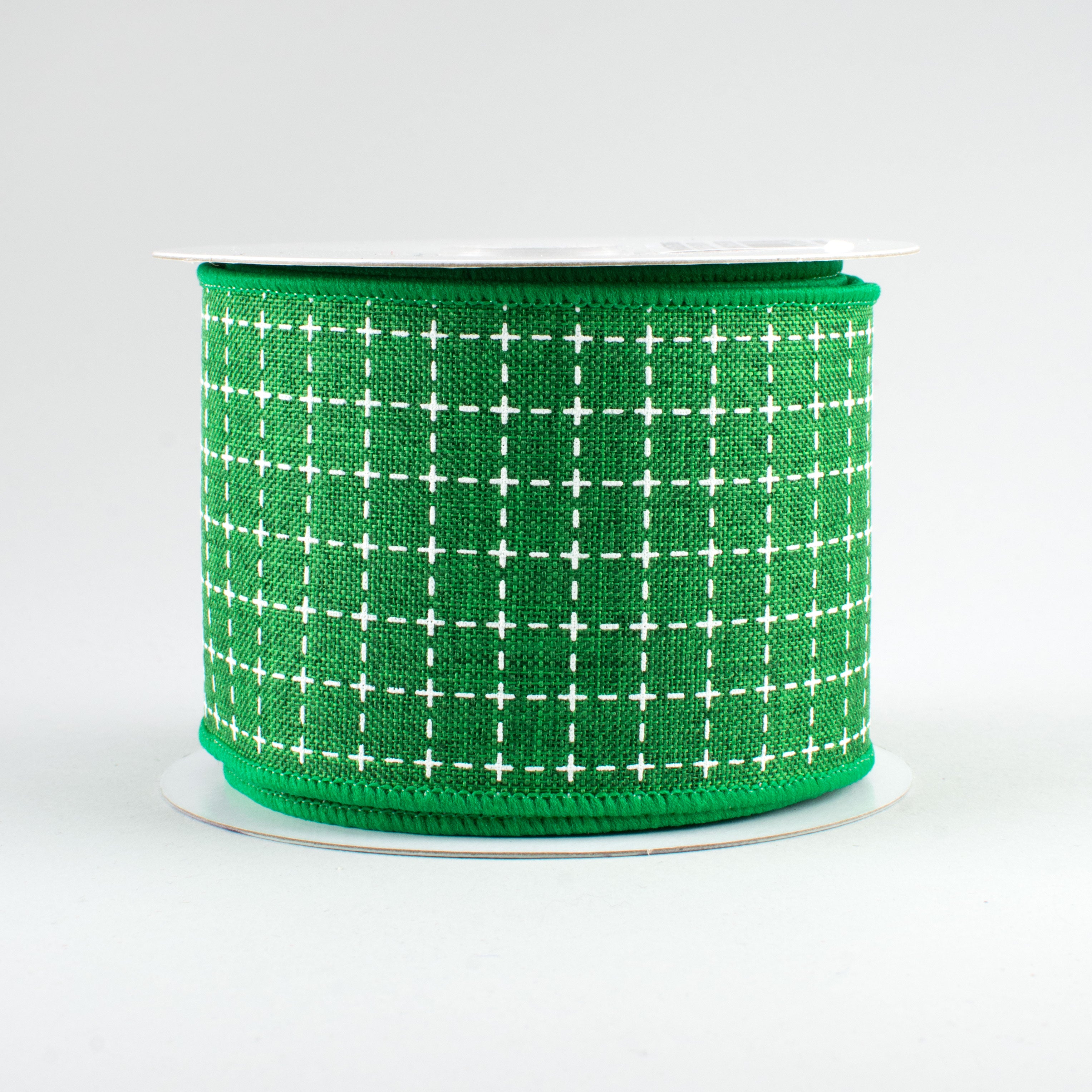 2.5" Stitched Squares Ribbon: Emerald & White (10 Yards)