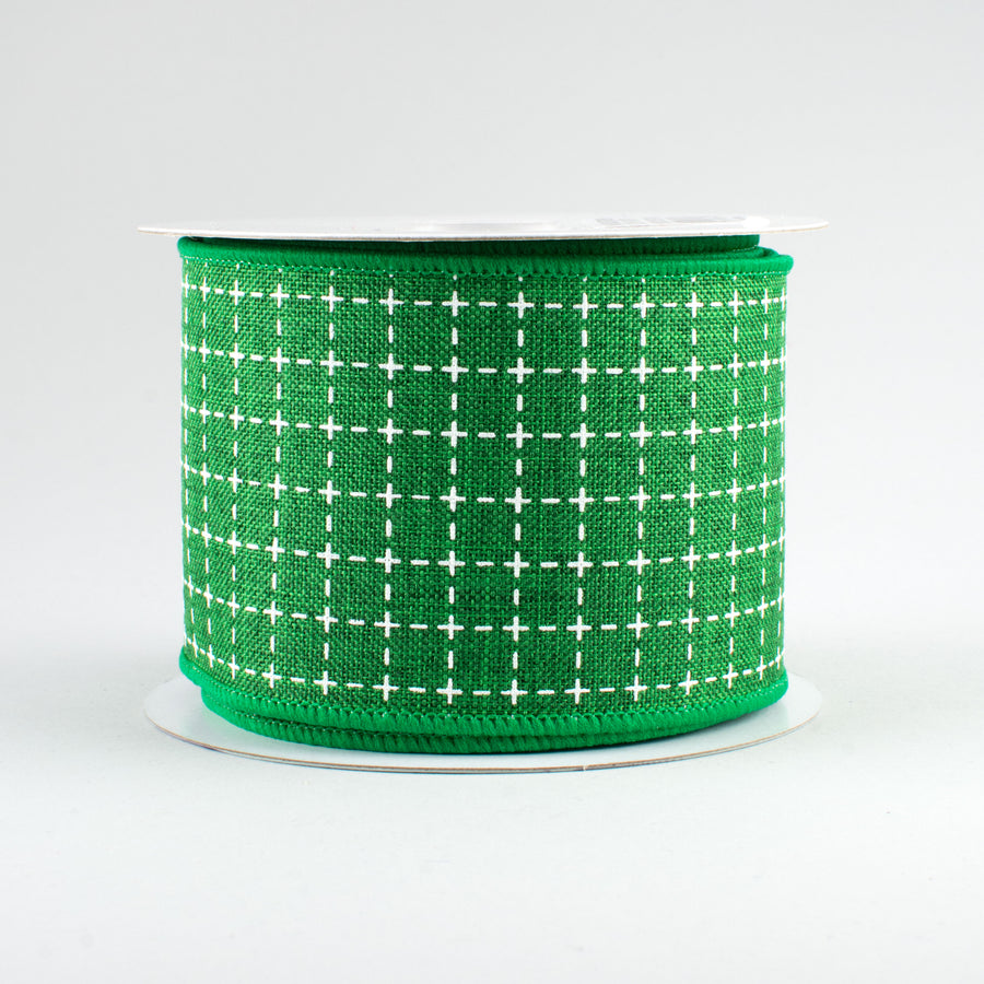 2.5" Stitched Squares Ribbon: Emerald & White (10 Yards)