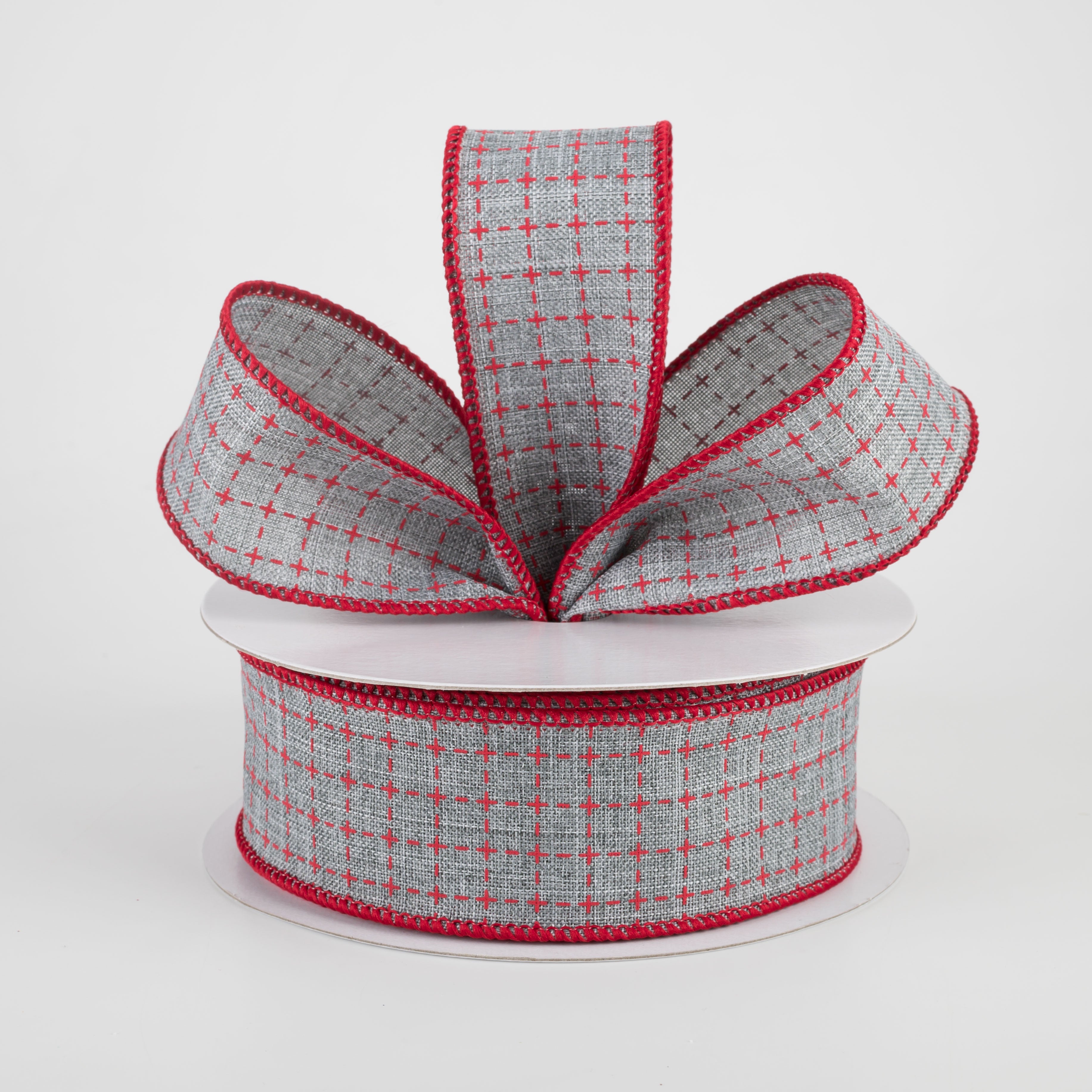 1.5" Stitched Squares Ribbon: Light Grey & Red (10 Yards) Lifestyle Photo