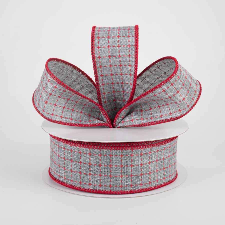 1.5" Stitched Squares Ribbon: Light Grey & Red (10 Yards) Lifestyle Photo