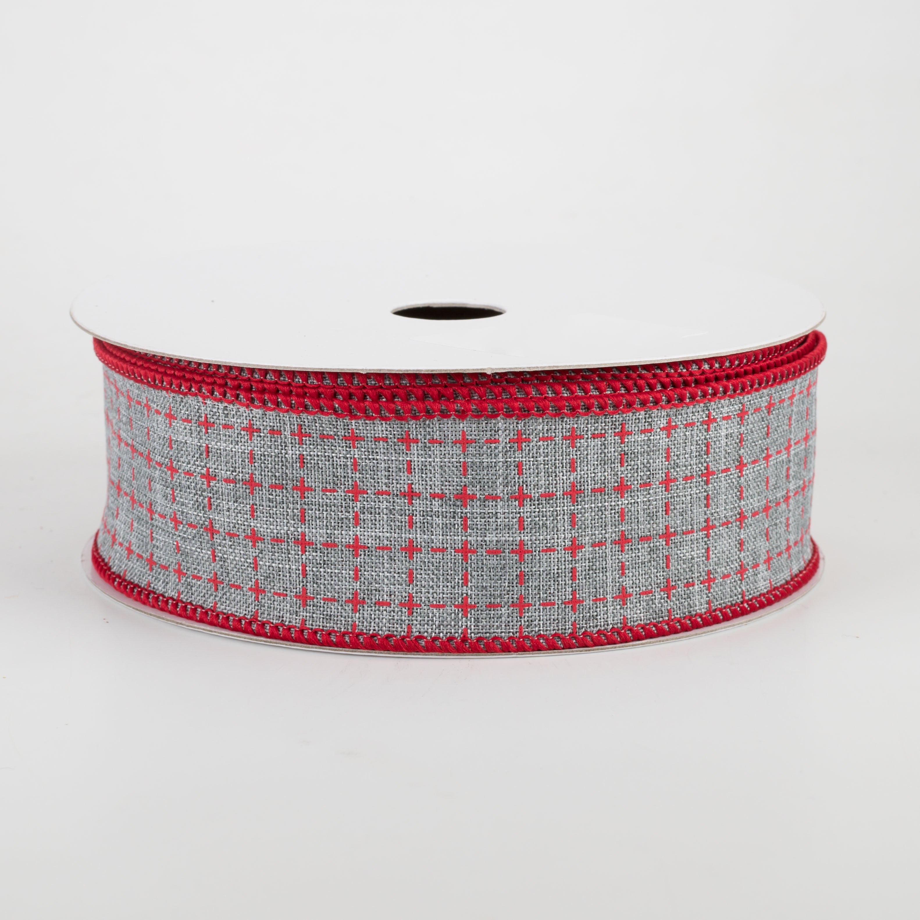 1.5" Stitched Squares Ribbon: Light Grey & Red (10 Yards)