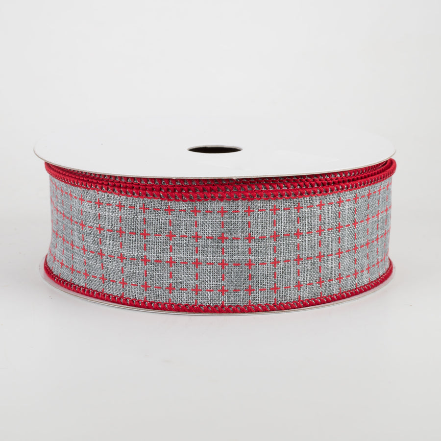1.5" Stitched Squares Ribbon: Light Grey & Red (10 Yards)