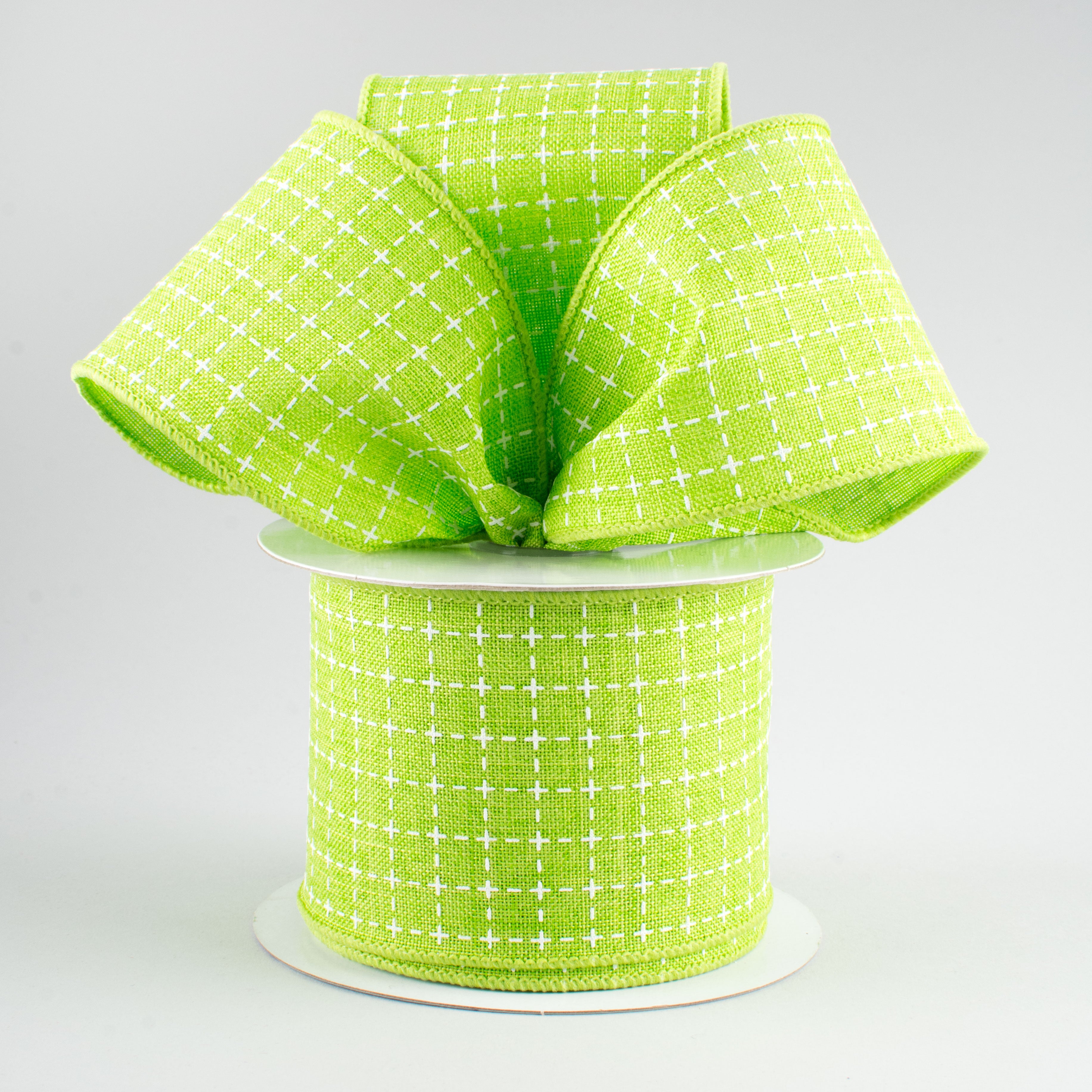 2.5" Stitched Squares Ribbon: Lime & White (10 Yards) Lifestyle Photo