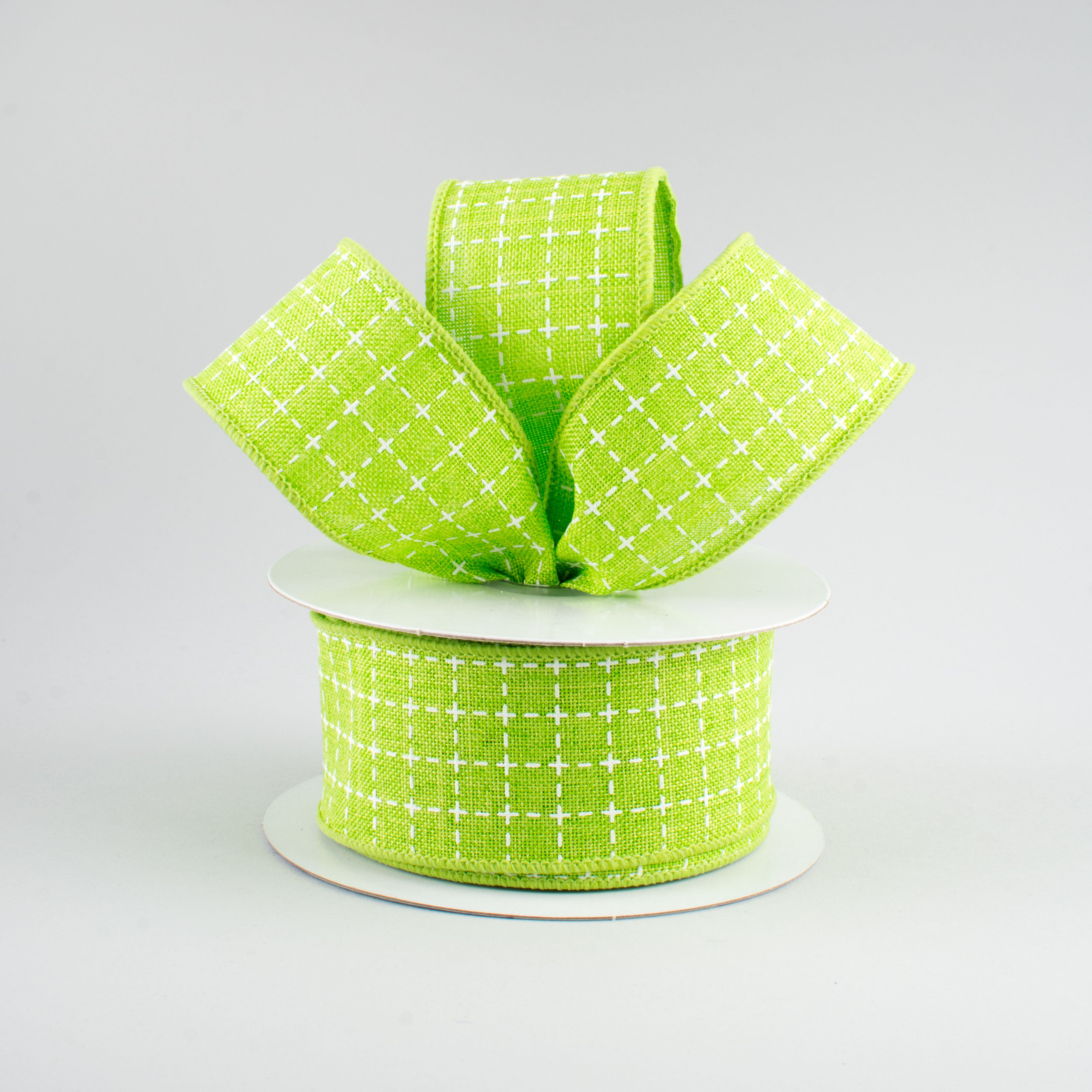 1.5" Stitched Squares Ribbon: Lime & White (10 Yards) Lifestyle Photo