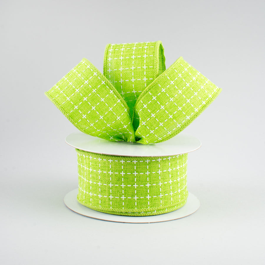 1.5" Stitched Squares Ribbon: Lime & White (10 Yards) Lifestyle Photo