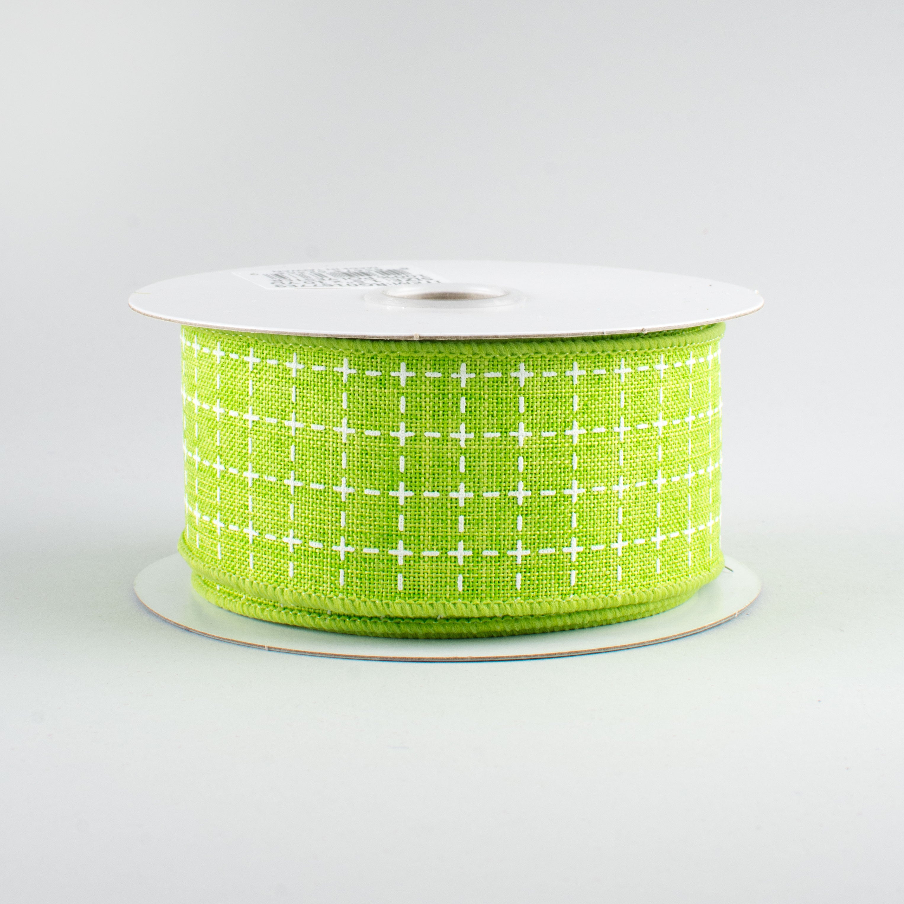 1.5" Stitched Squares Ribbon: Lime & White (10 Yards)