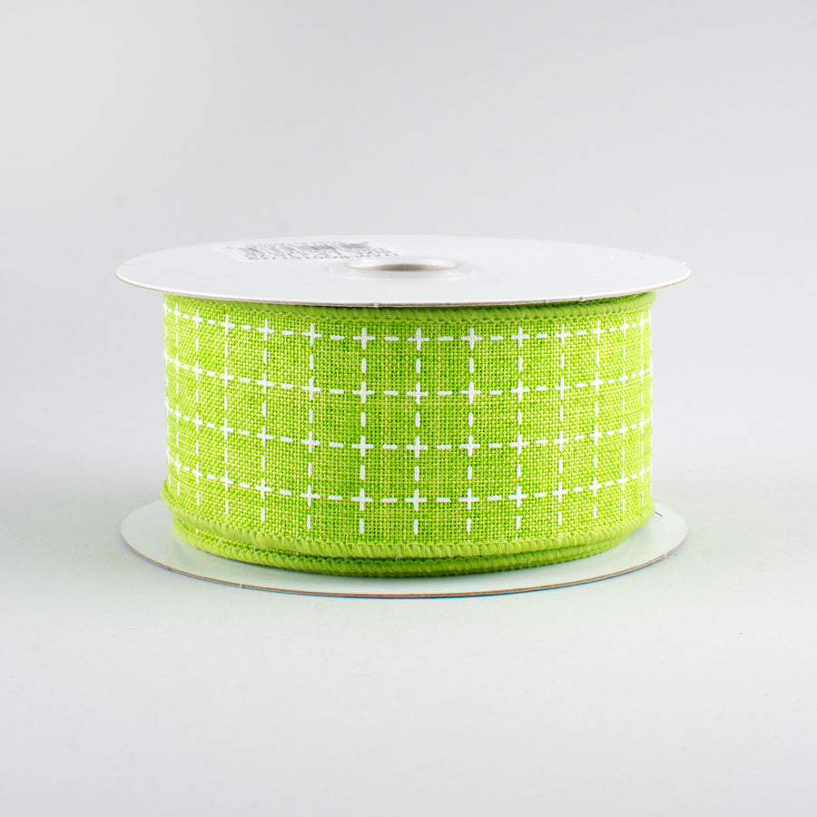 1.5" Stitched Squares Ribbon: Lime & White (10 Yards)