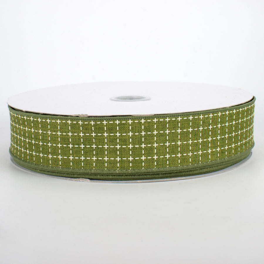 1.5" Stitched Squares Ribbon: Moss Green & Cream (50 Yards)