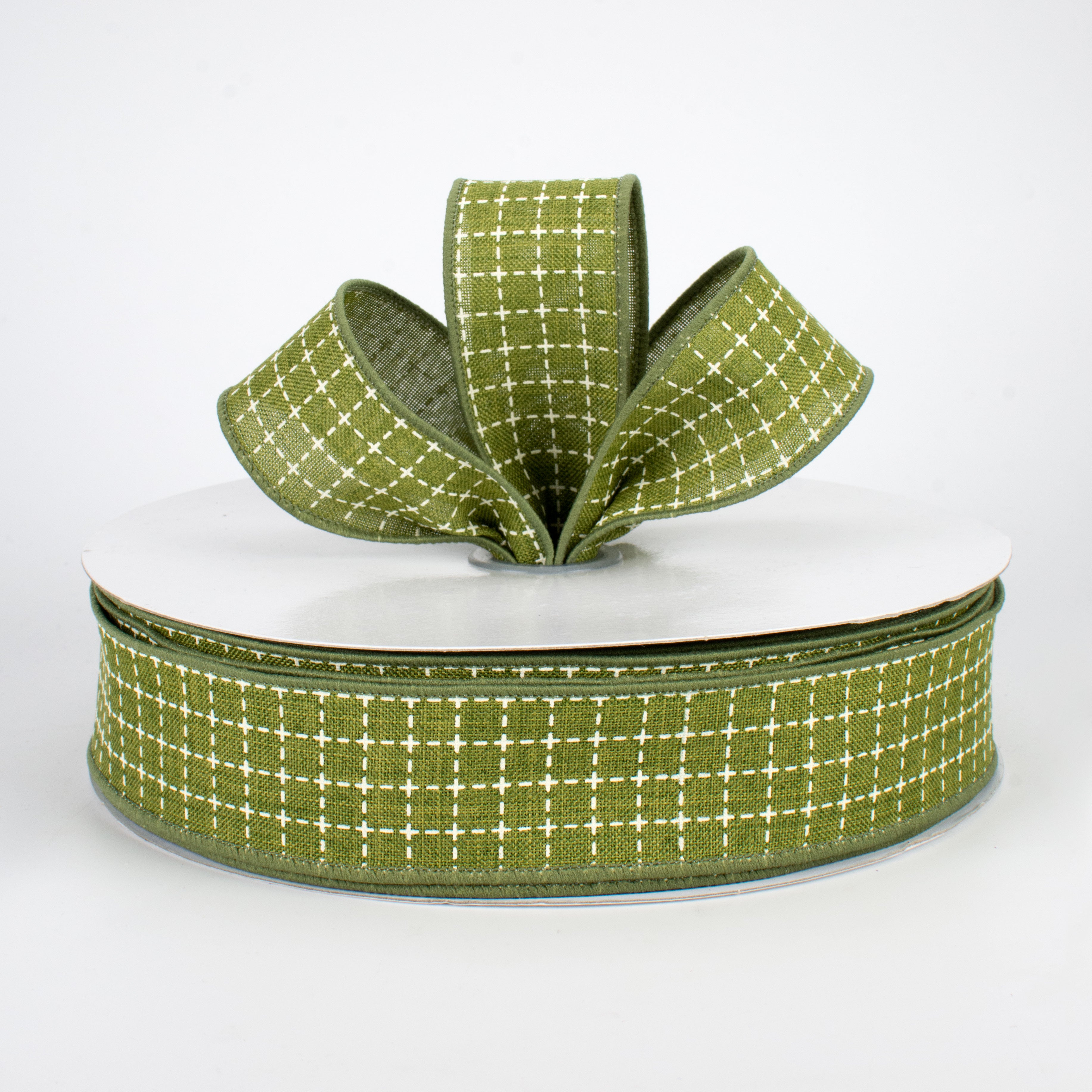 1.5" Stitched Squares Ribbon: Moss Green & Cream (50 Yards) Lifestyle Photo