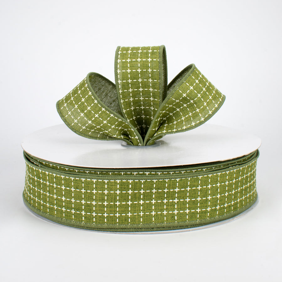 1.5" Stitched Squares Ribbon: Moss Green & Cream (50 Yards) Lifestyle Photo