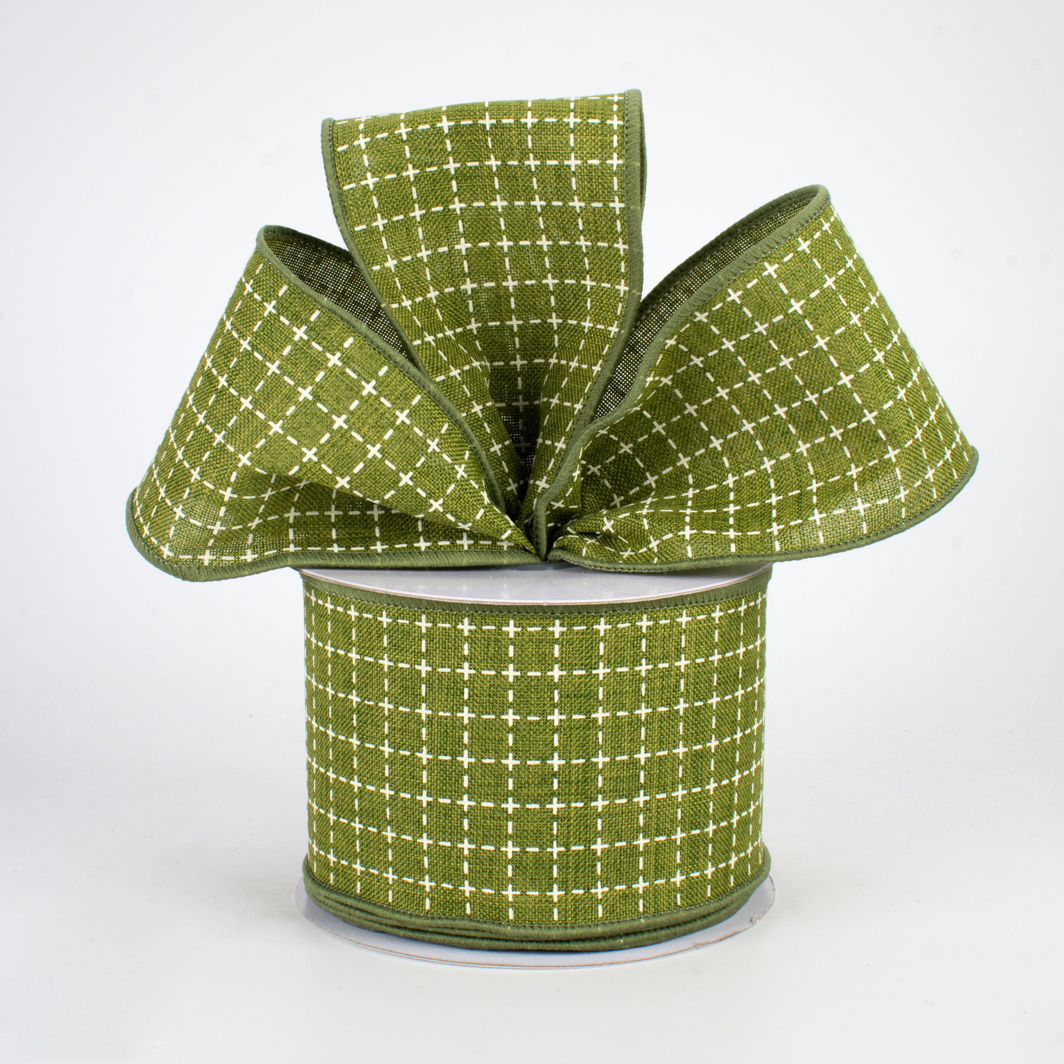 2.5" Stitched Squares Ribbon: Moss Green & Cream (10 Yards) Lifestyle Photo