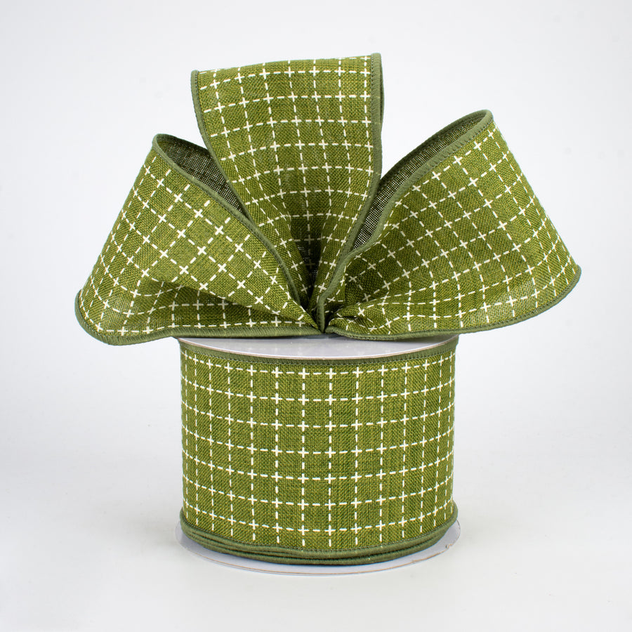 2.5" Stitched Squares Ribbon: Moss Green & Cream (10 Yards) Lifestyle Photo