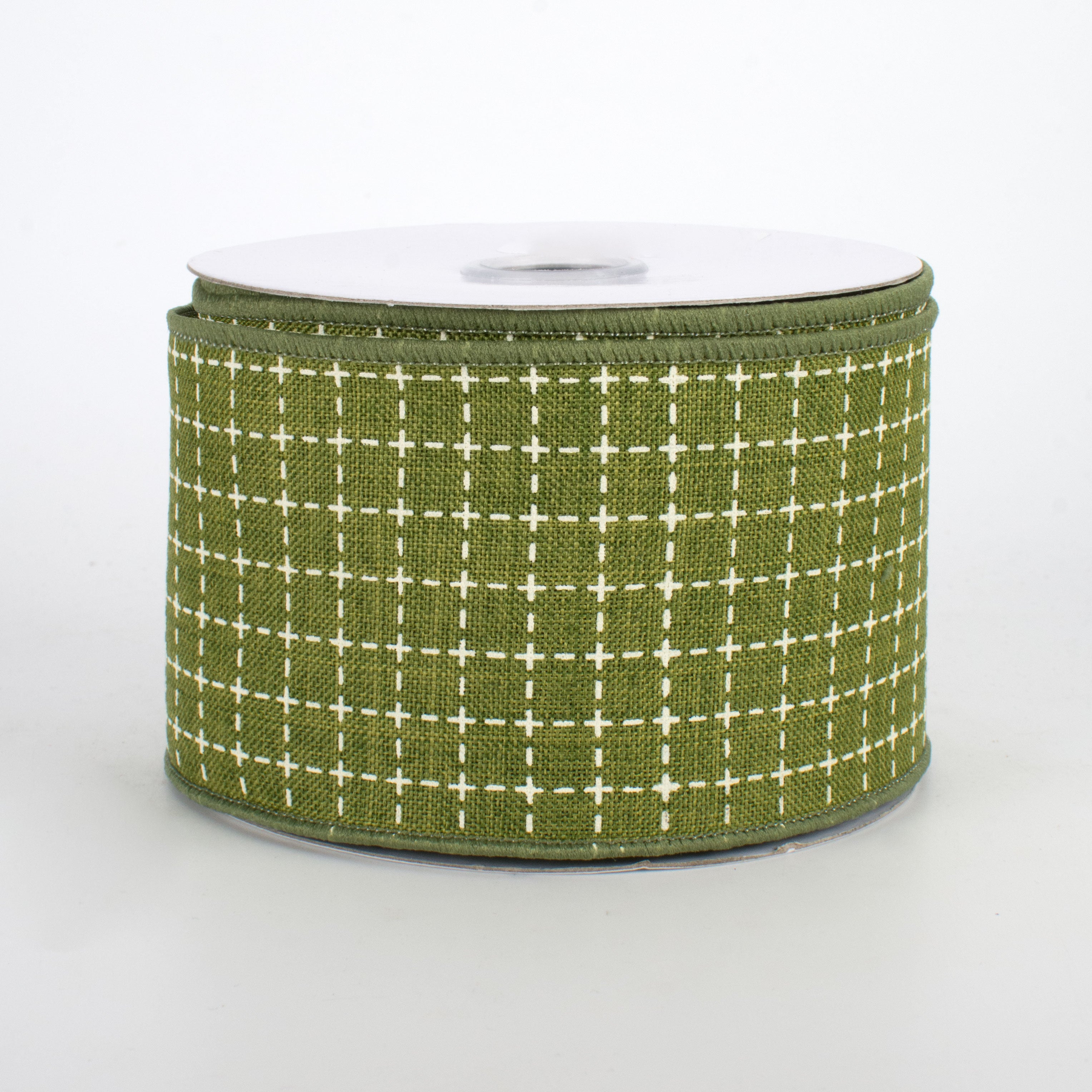 2.5" Stitched Squares Ribbon: Moss Green & Cream (10 Yards)