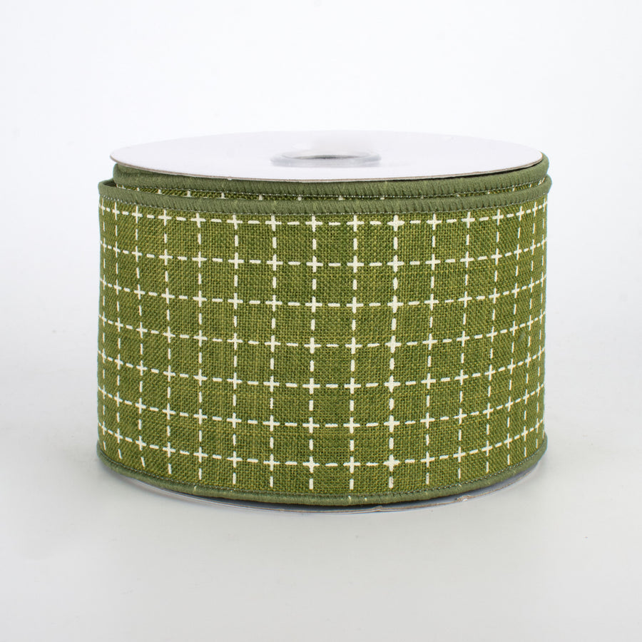 2.5" Stitched Squares Ribbon: Moss Green & Cream (10 Yards)