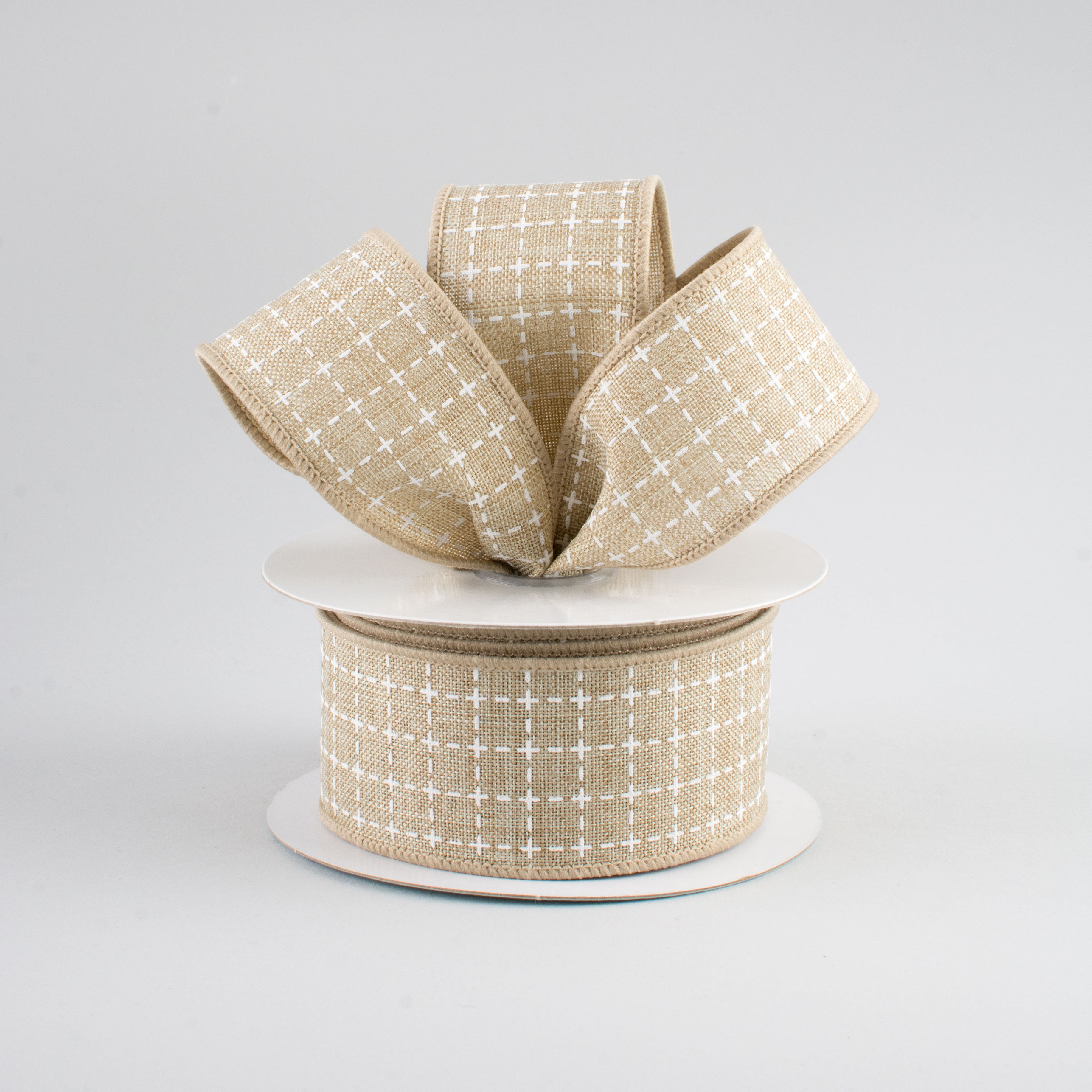 1.5" Stitched Squares Ribbon: Natural & White (10 Yards) Lifestyle Photo
