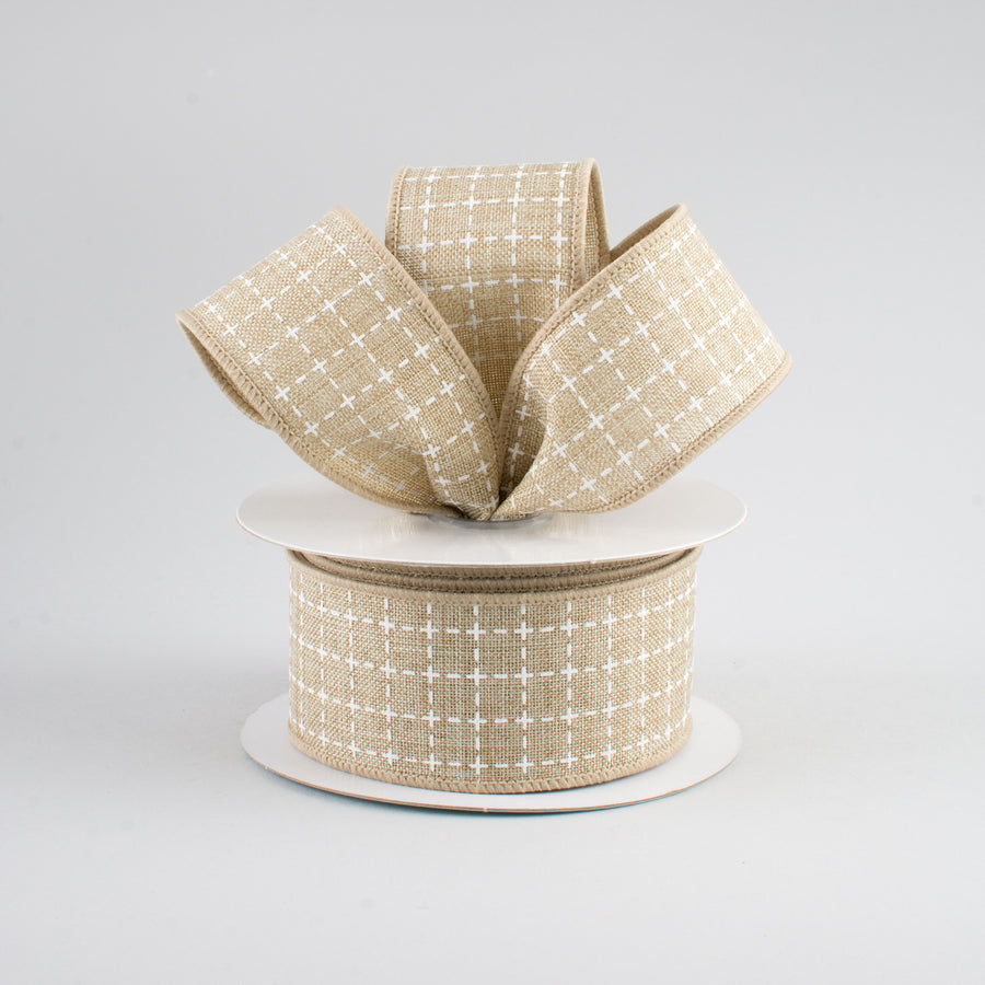 1.5" Stitched Squares Ribbon: Natural & White (10 Yards) Lifestyle Photo