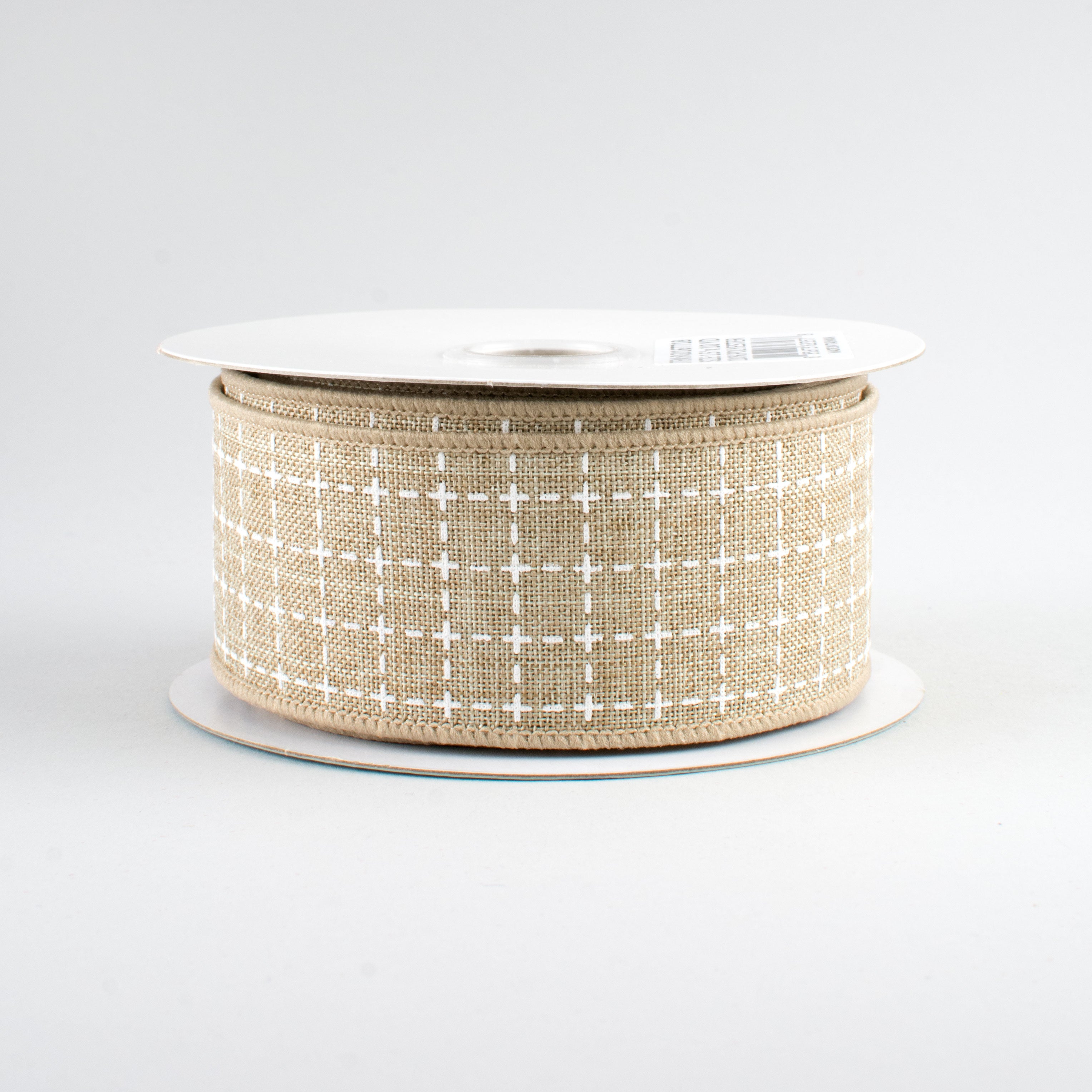 1.5" Stitched Squares Ribbon: Natural & White (10 Yards)