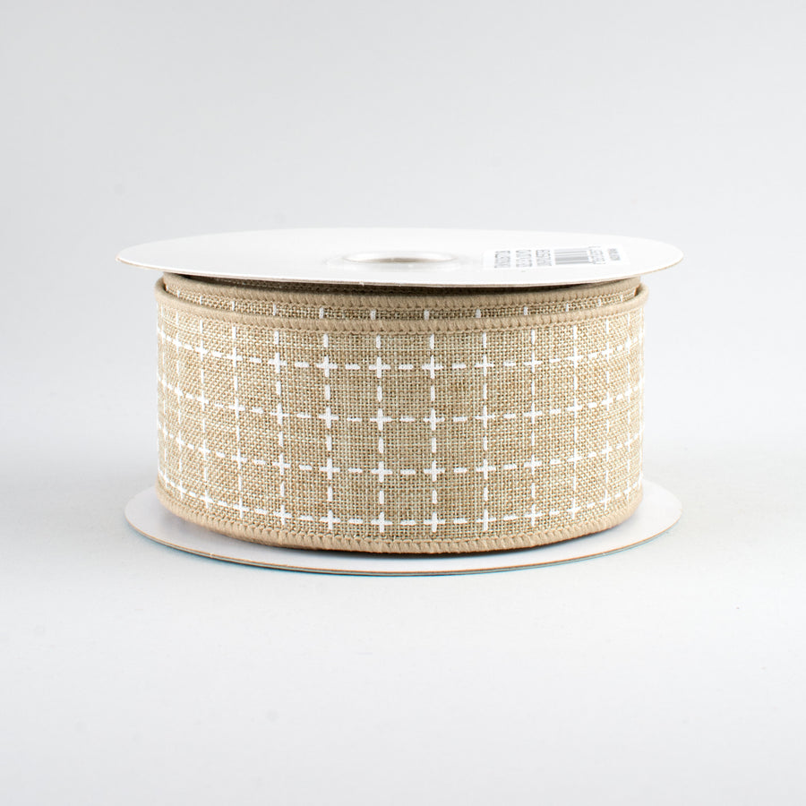 1.5" Stitched Squares Ribbon: Natural & White (10 Yards)