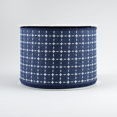 2.5" Stitched Squares Ribbon: Navy Blue & White (10 Yards)