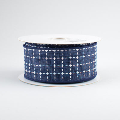 1.5" Stitched Squares Ribbon: Navy Blue & White (10 Yards)