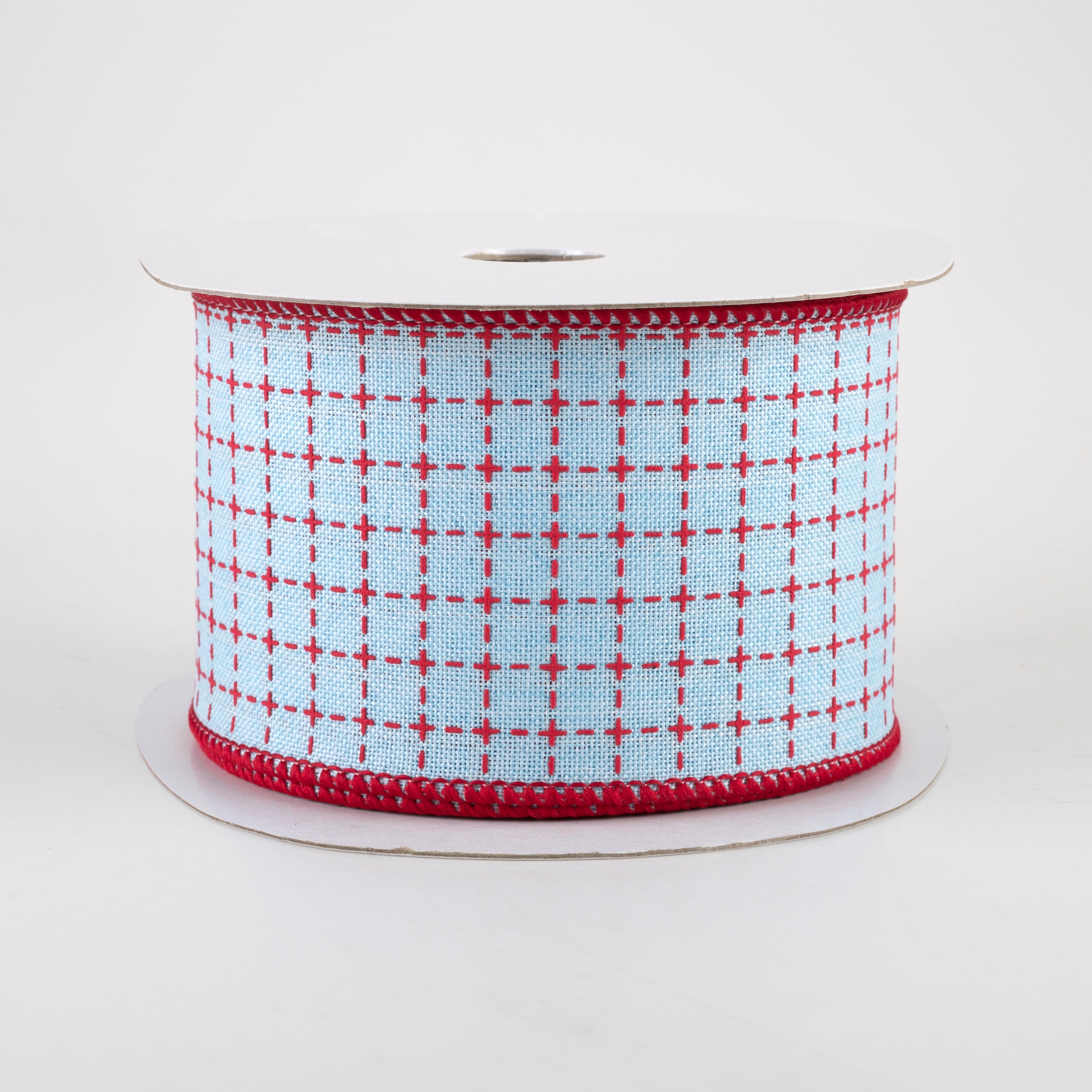 2.5" Stitched Squares Ribbon: Pale Blue & Red (10 Yards)