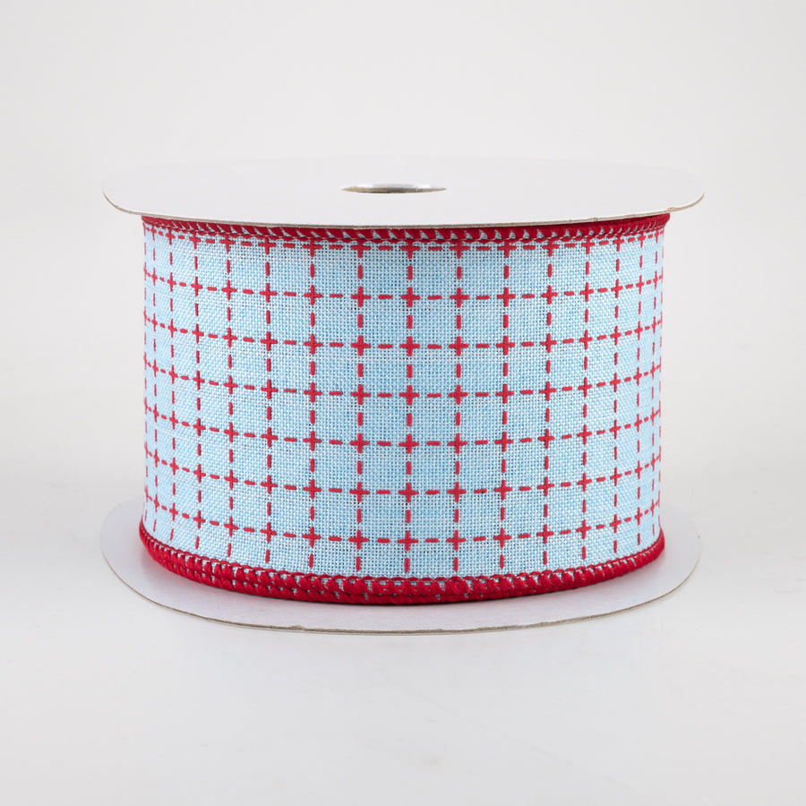 2.5" Stitched Squares Ribbon: Pale Blue & Red (10 Yards)